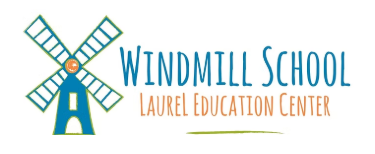 Windmill School Laurel Education Center logo featuring a colorful windmill illustration with teal and orange typography.
