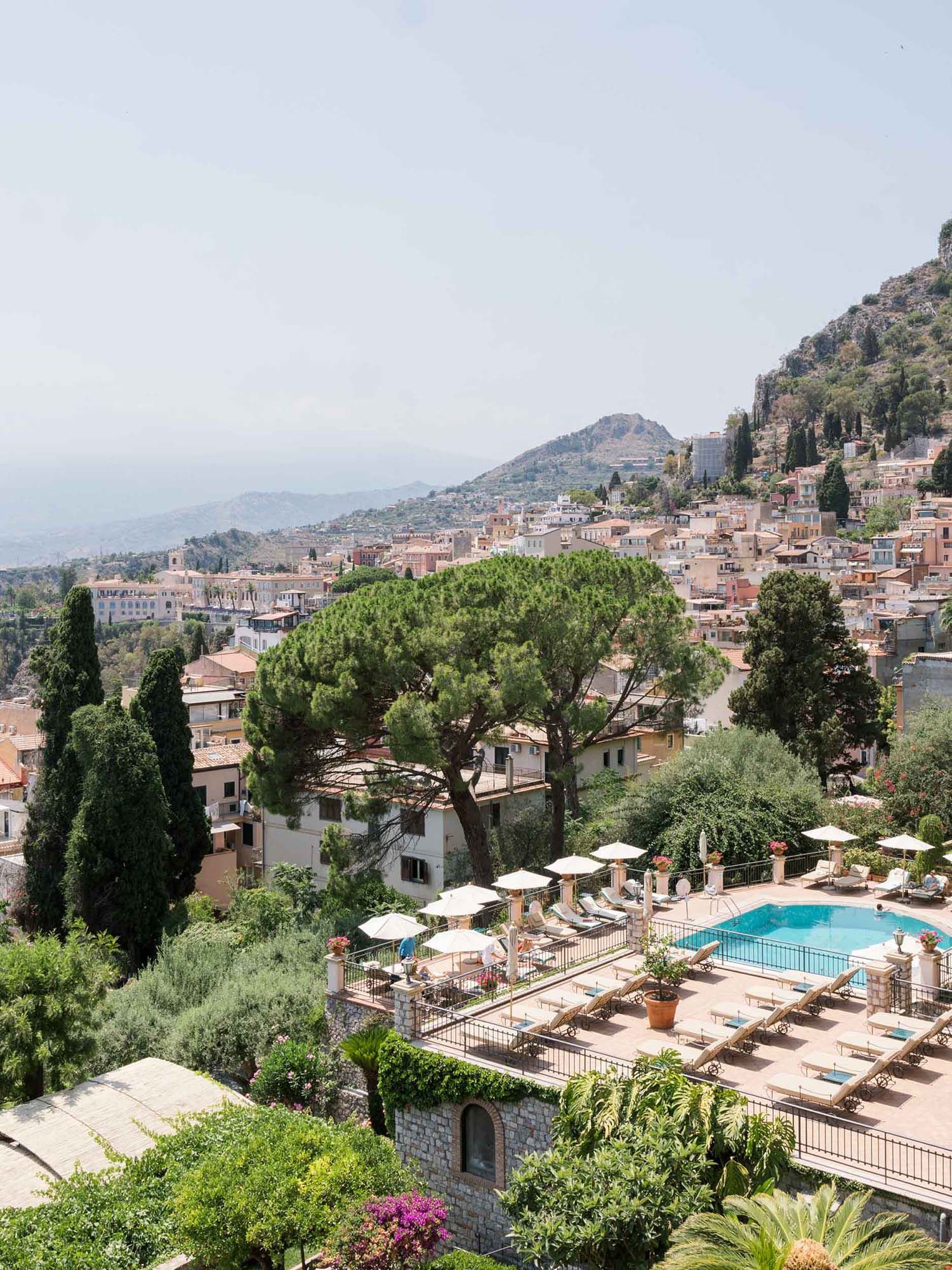 Aerial view of Hotel Timeo Belmond, Taormina, iconic luxury proposal destination.