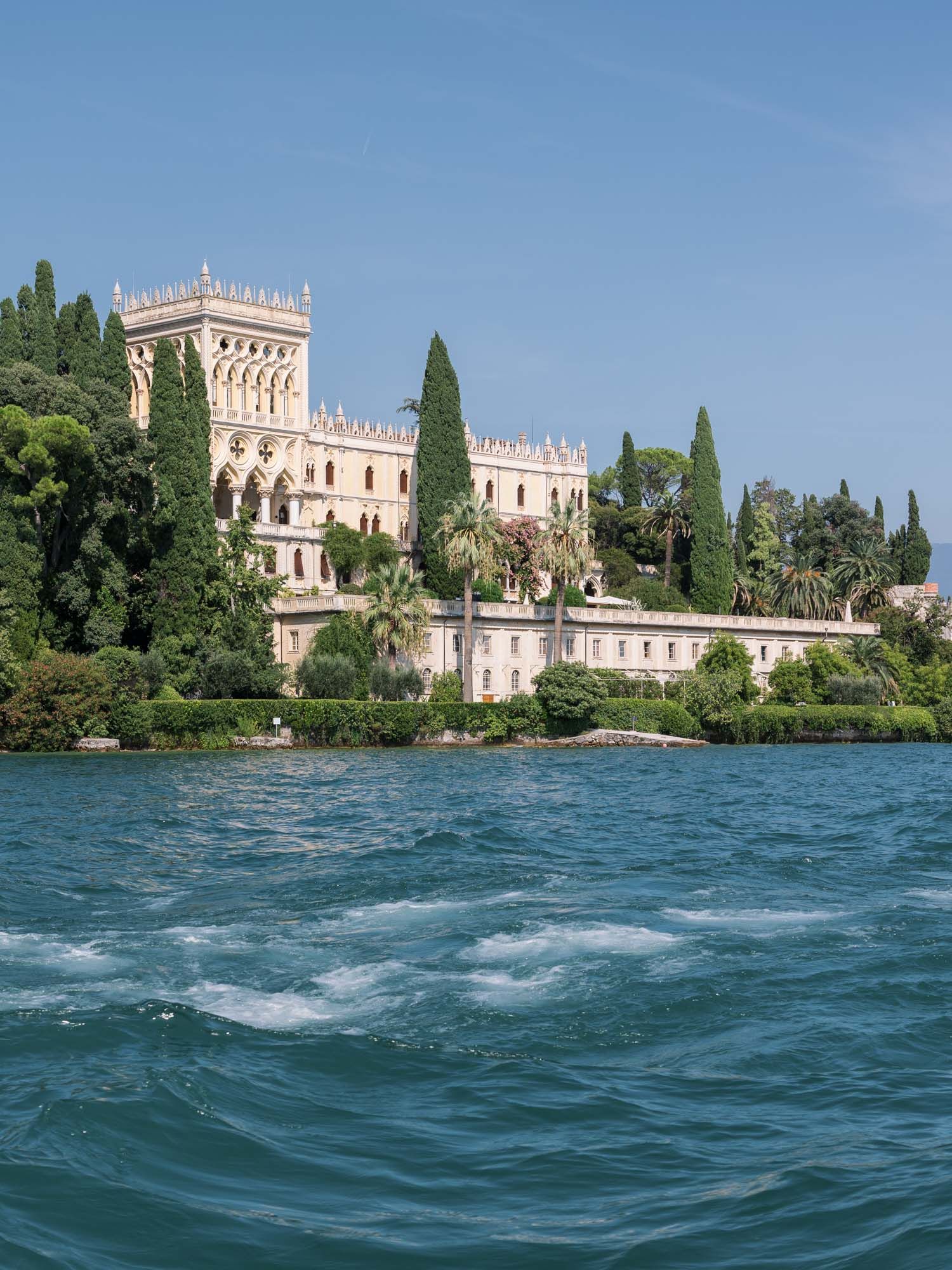 Front view of Villa Cavazza from boat at Isola del Garda, luxury wedding location.