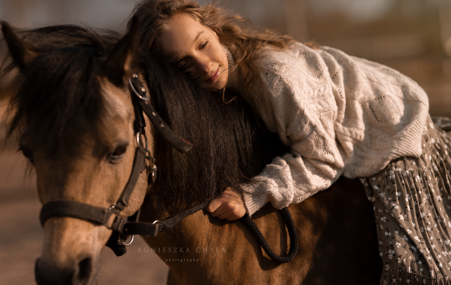Young girl tenderly resting her head on a brown horse in warm golden light. Pet photography Milton