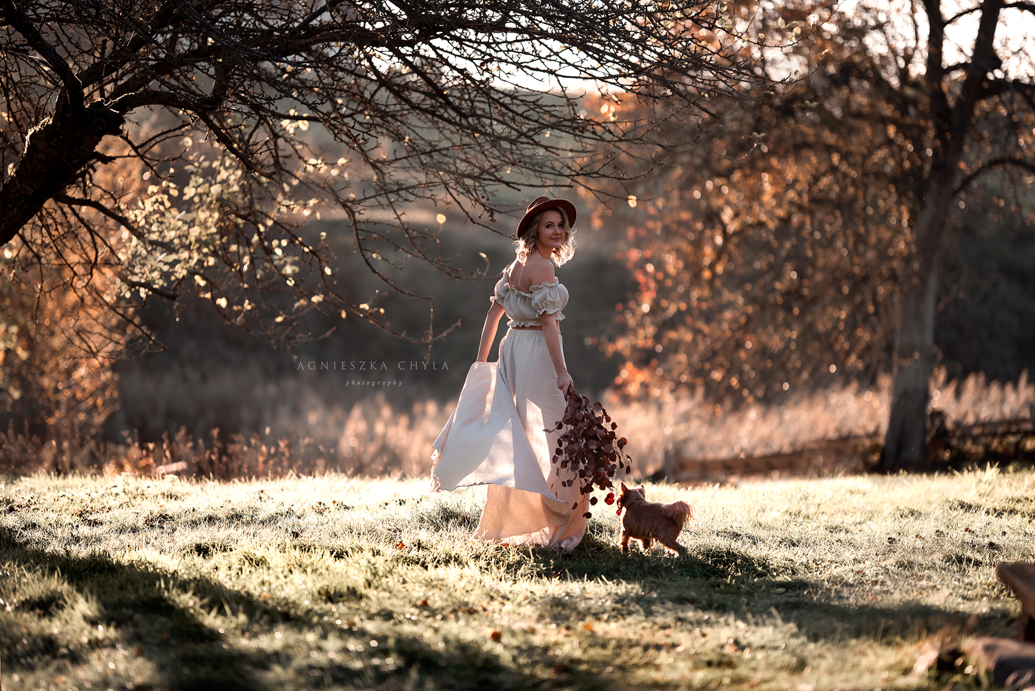 Woman in flowing dress walking dog through golden autumn park at sunset. Outdoor photography Oakville