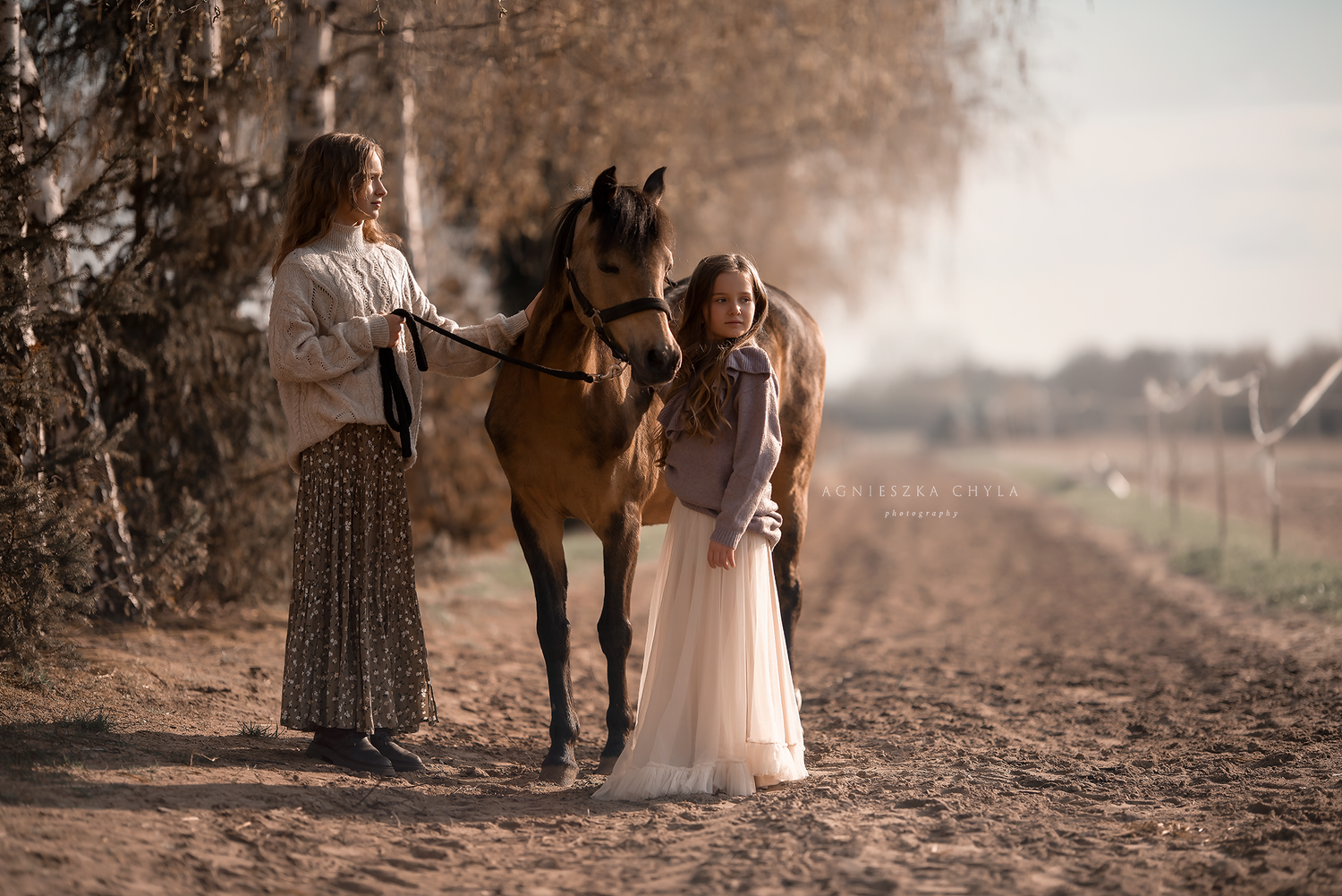 Two women in boho dresses standing with a brown horse on a sandy rural path in autumn light. Animal photography Mississauga
