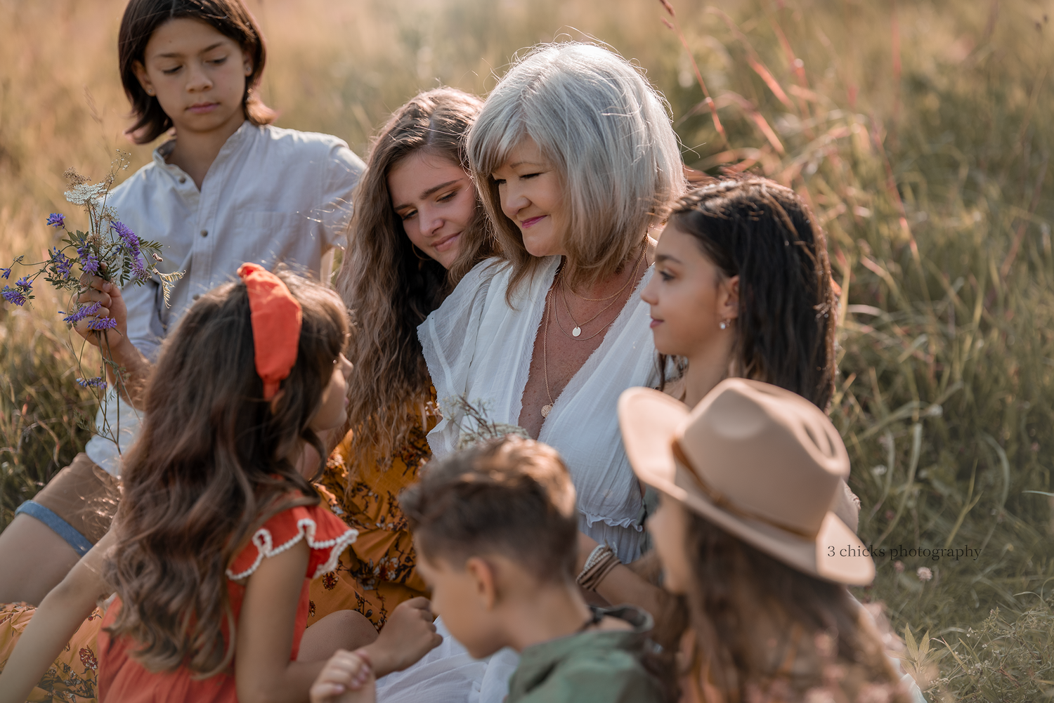 Elderly woman with gray hair surrounded by children in a sunny field, sharing a warm family moment outdoors.