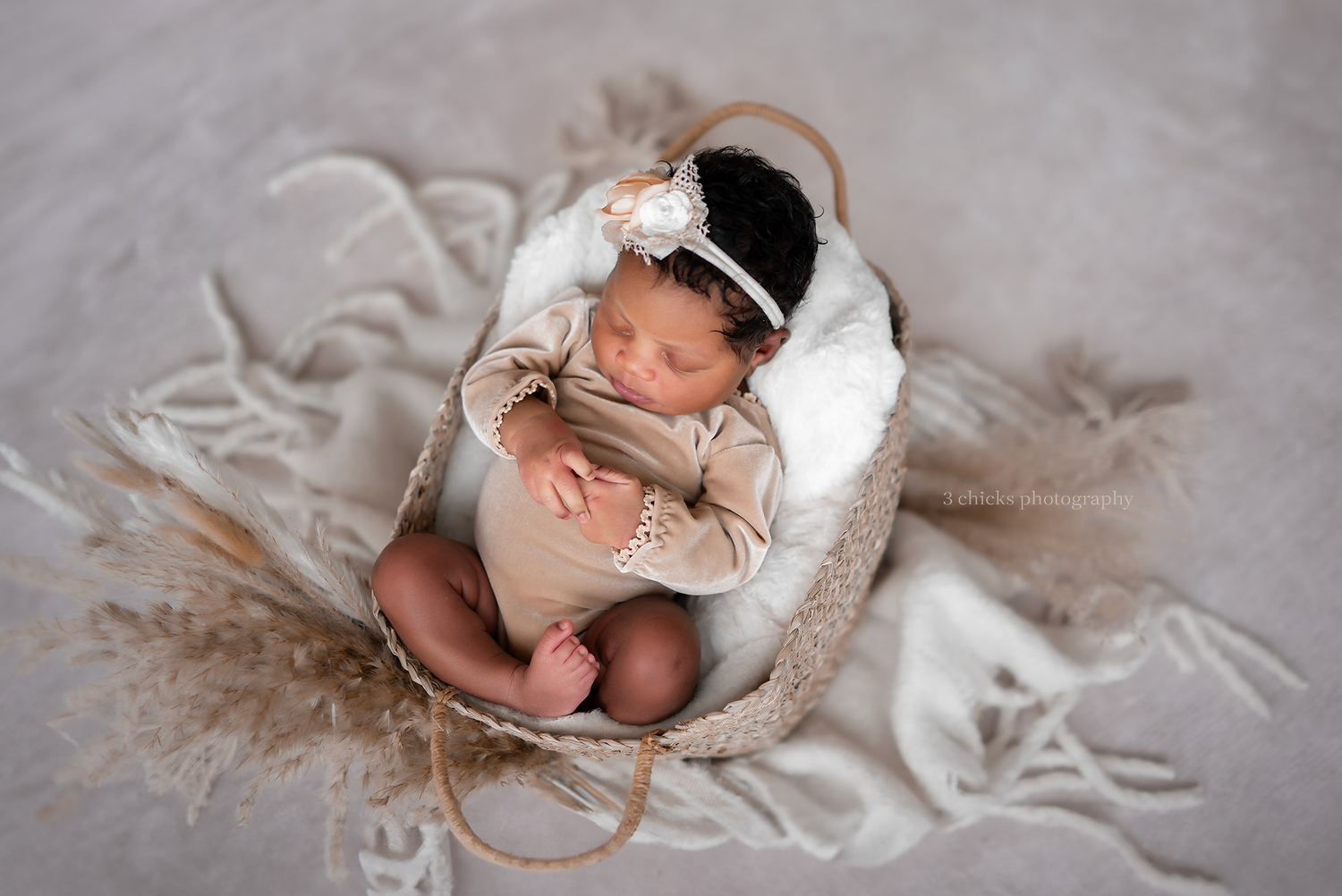 Newborn baby sleeping peacefully in a woven basket with white blanket and floral headband.