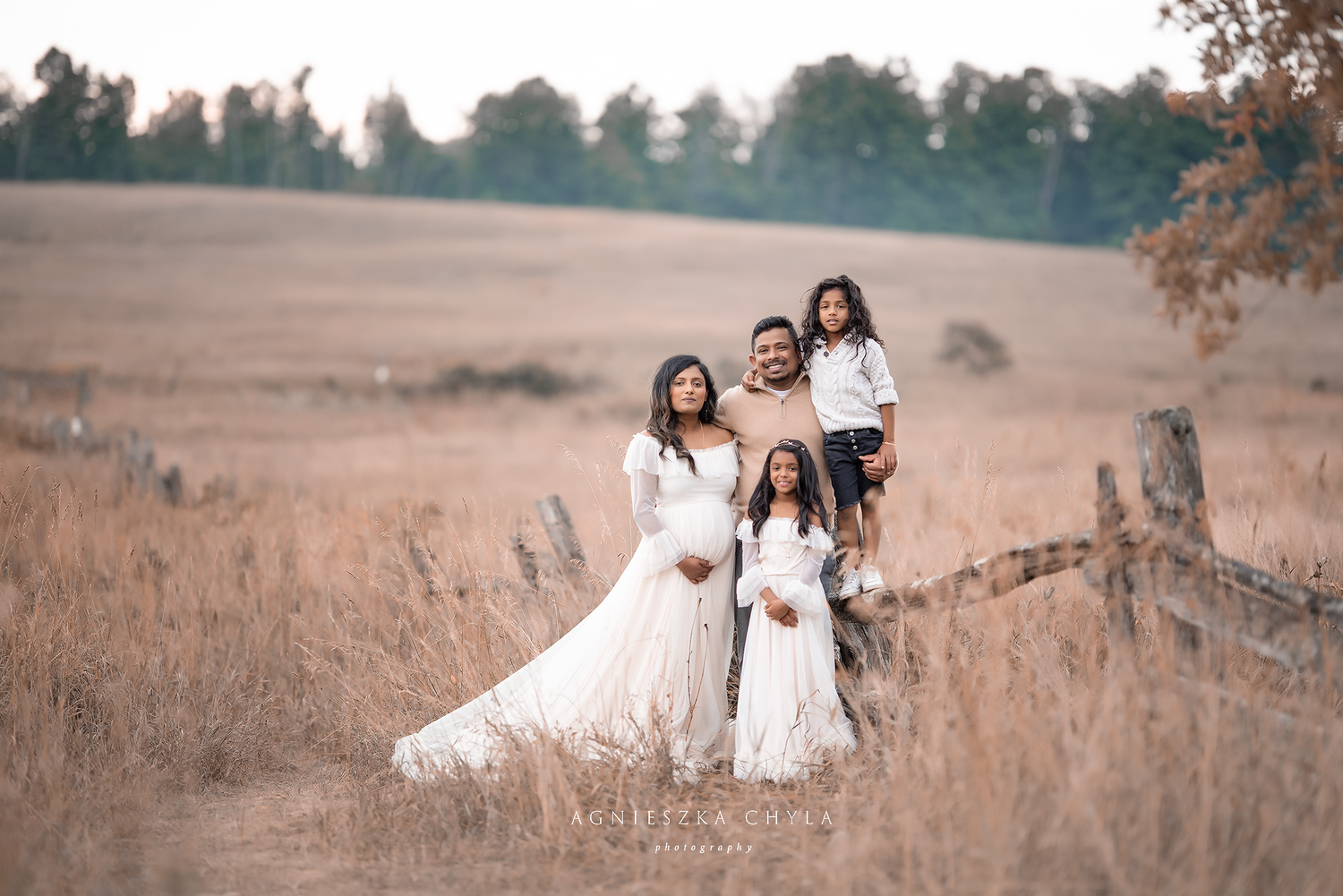 Family of four poses in golden field near rustic fence, parents in white and tan, children in matching white outfits.