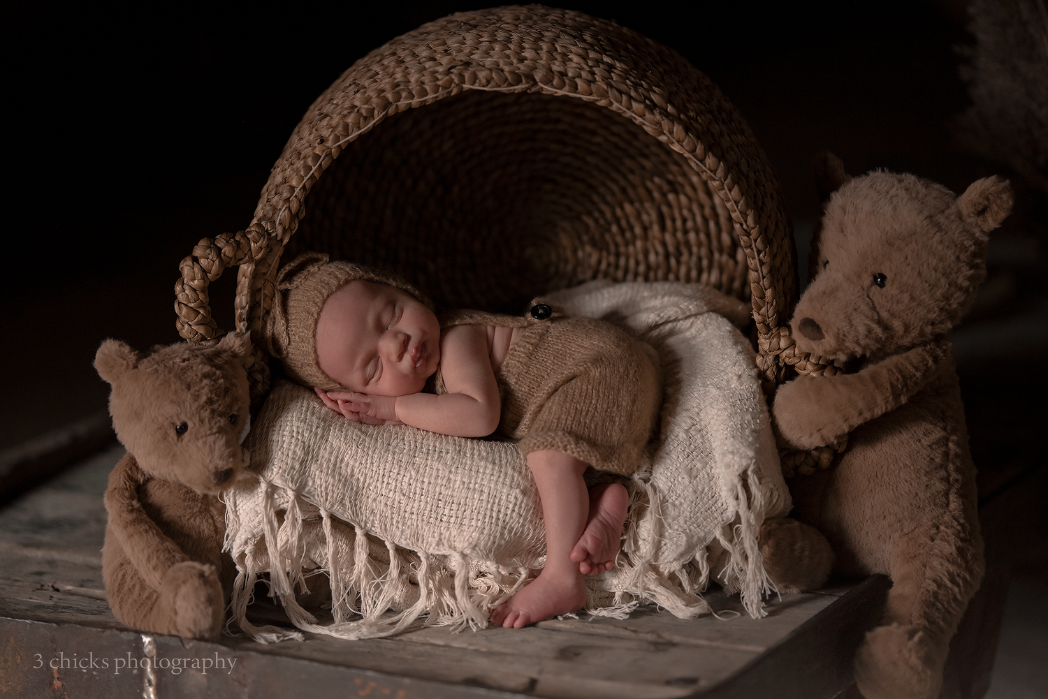 Newborn baby sleeping peacefully in rustic basket surrounded by teddy bears in studio photo. Newborn photography session Oakville