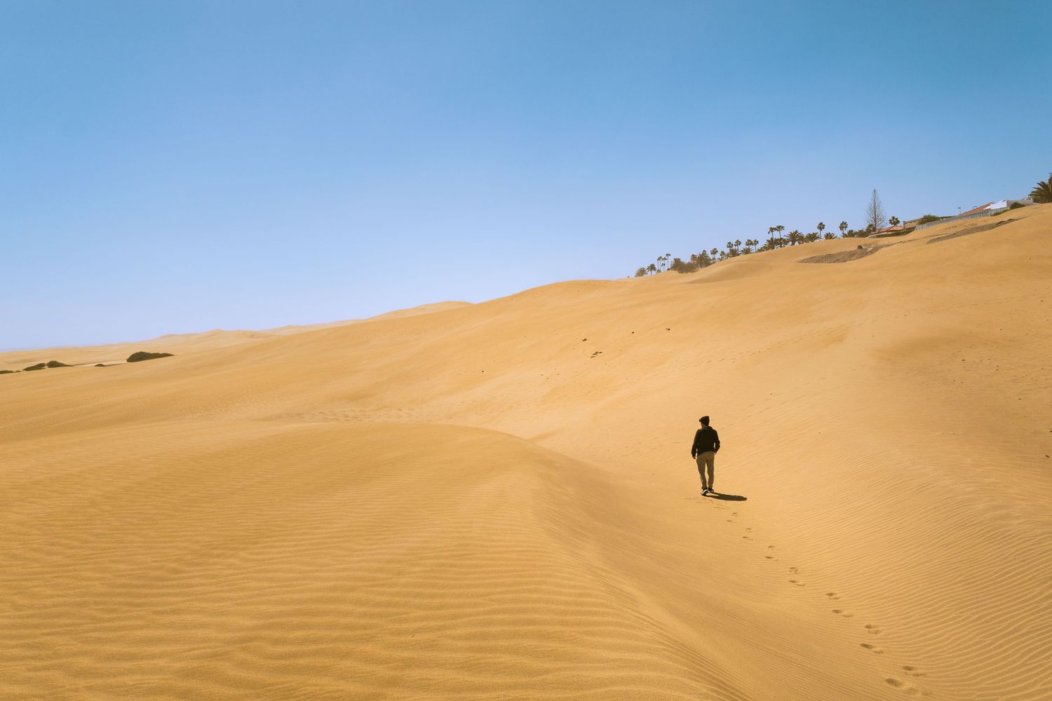 Silueta de una persona en el paisaje de las Dunas de Maspalomas, Islas Canarias, profesional, luz natural, composición cuidada.