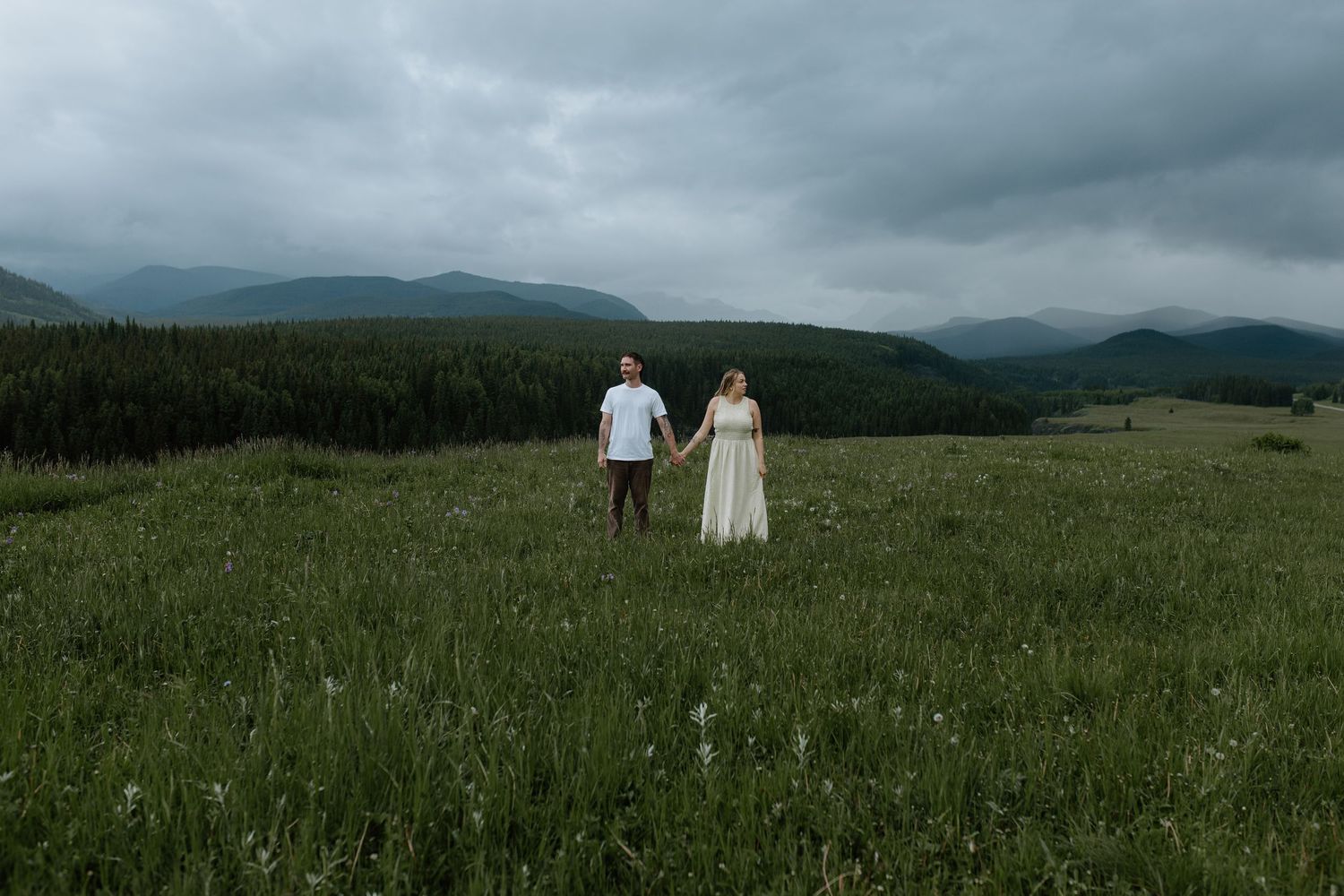 Couple in wedding attire holding hands while walking through a vast green mountain meadow.