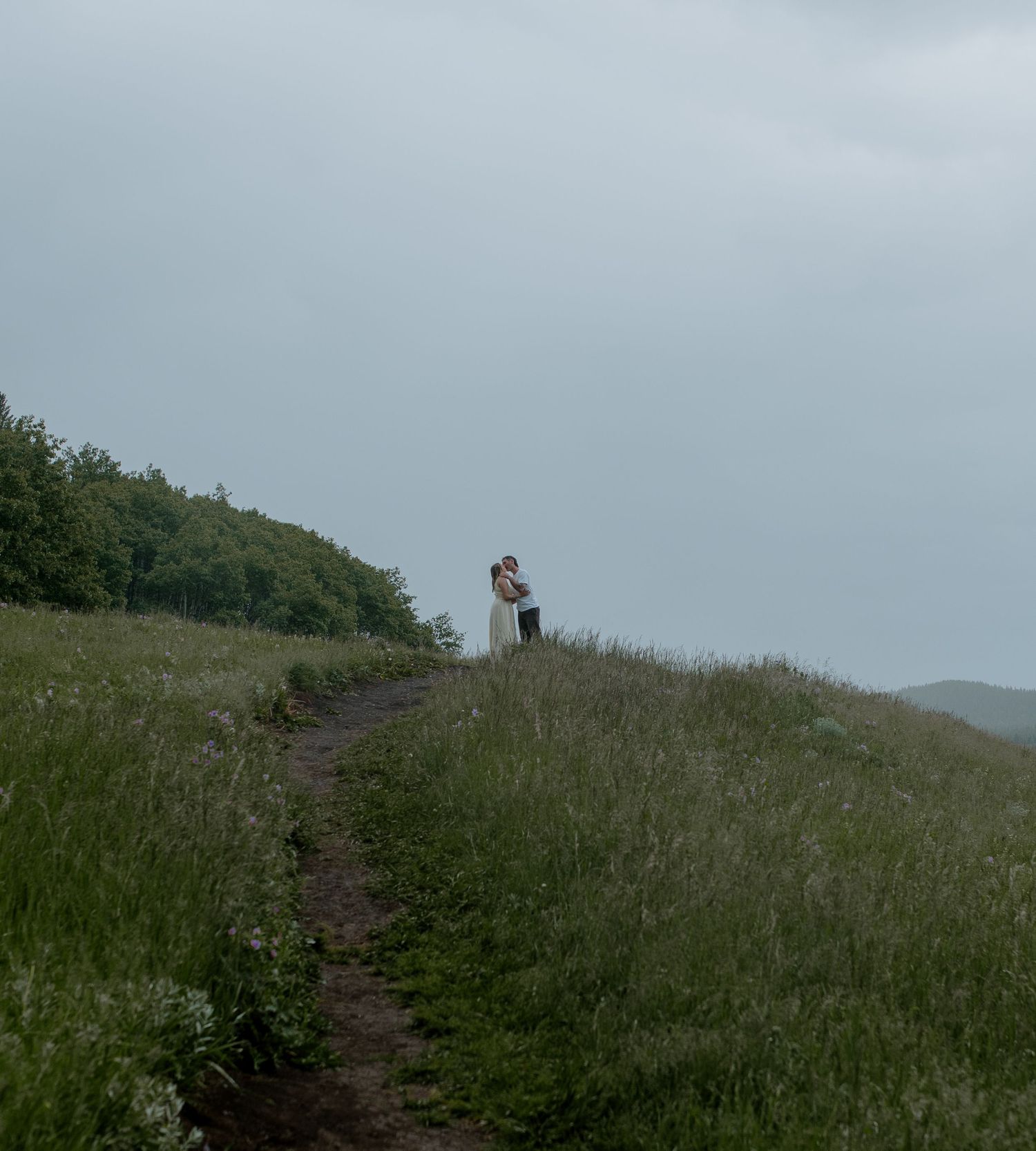 Couple embracing on a misty hilltop trail surrounded by lush green grass and trees.
