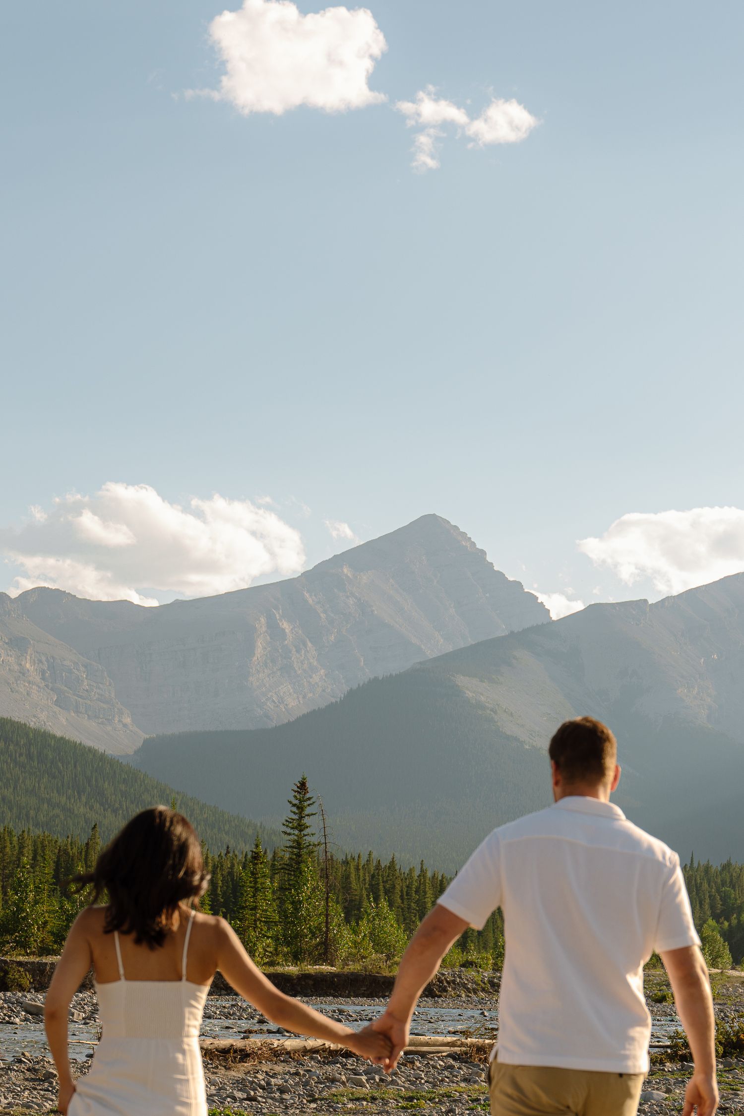 Couple holding hands facing majestic mountain landscape with evergreen forest under blue sky.