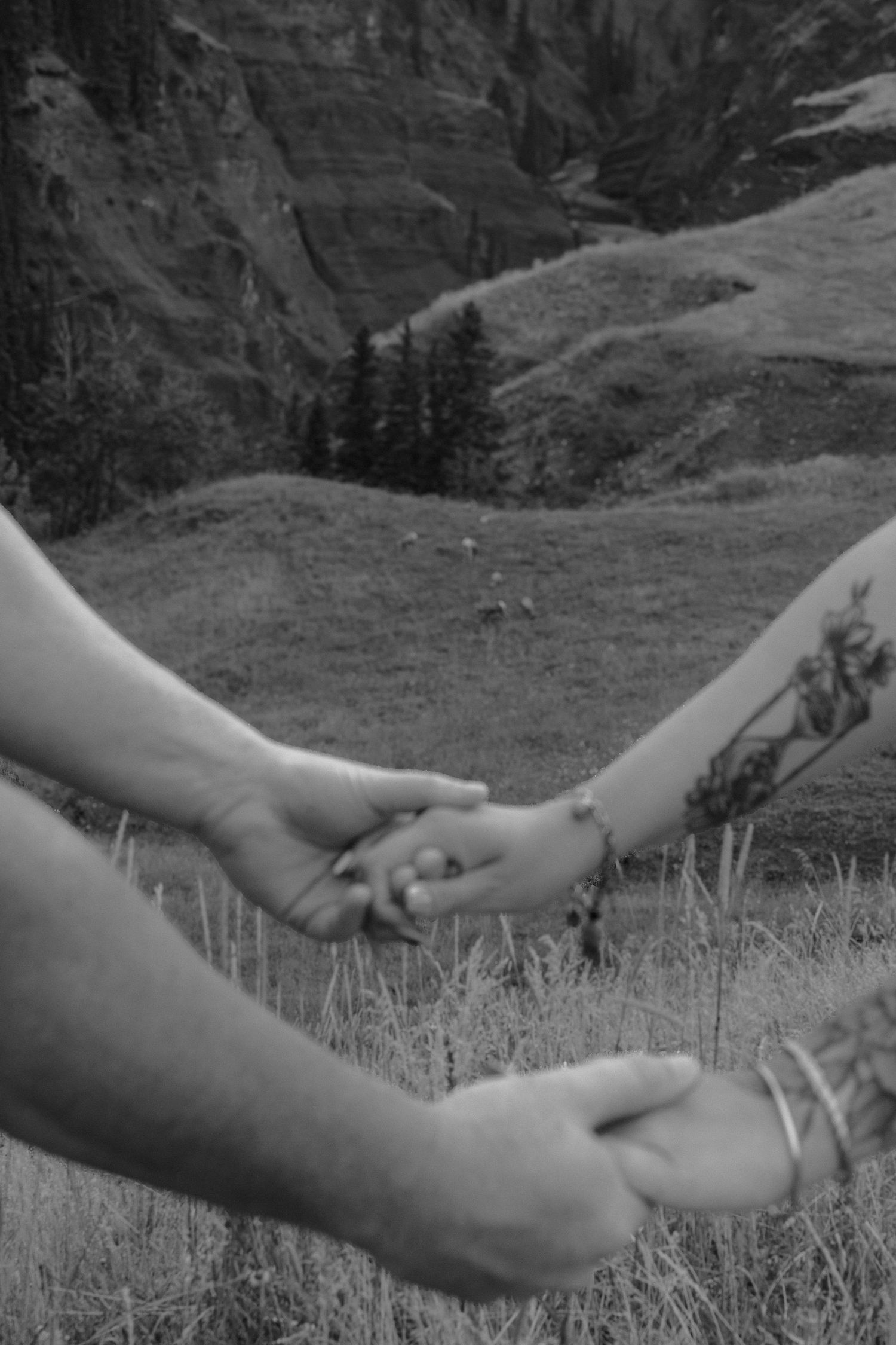 Black and white photo of two people holding hands with a scenic mountain valley and trees in the background.