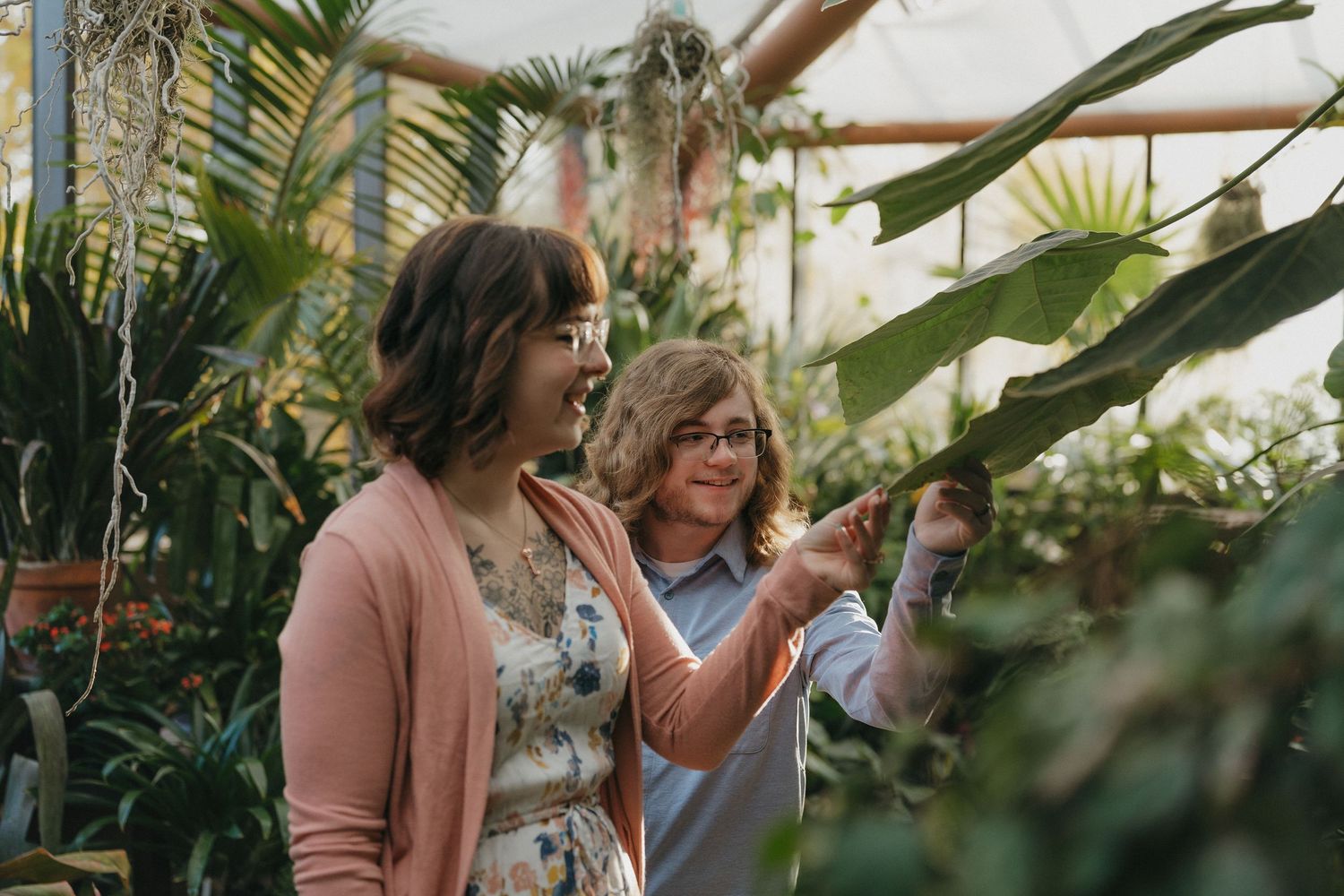 A couple exploring a lush tropical greenhouse, examining large green plant leaves together at the Minnesota Landscape Arboretum.