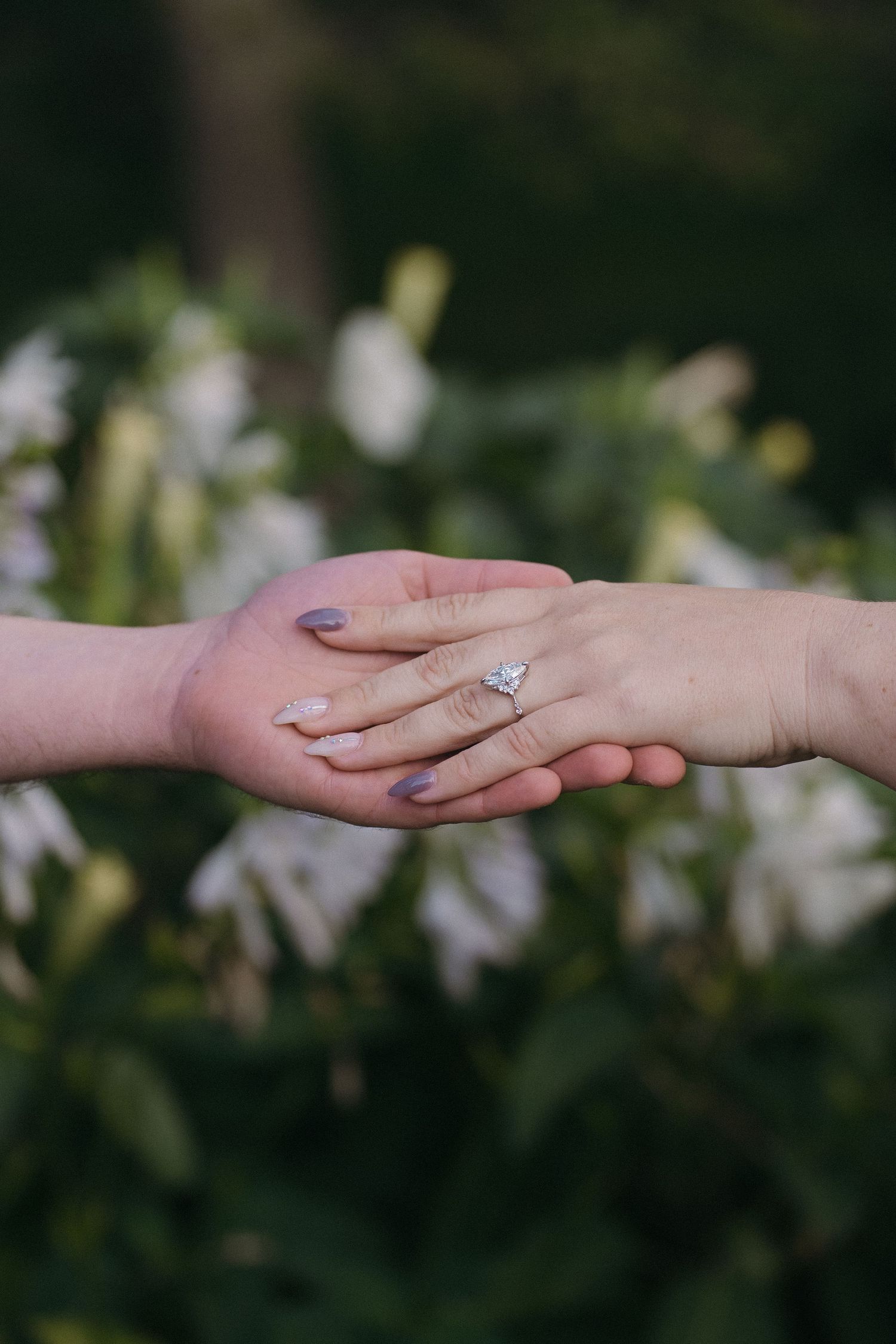 Close-up of two hands clasped together showcasing a sparkling diamond engagement ring outdoors at Como Conservatory gardens in St. Paul, MN.