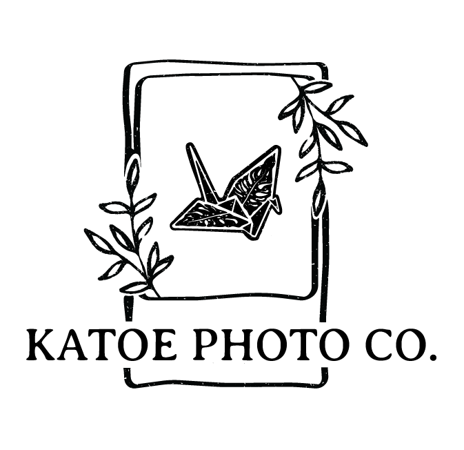 Katoe Photo Co. logo with origami crane and botanical illustrations.