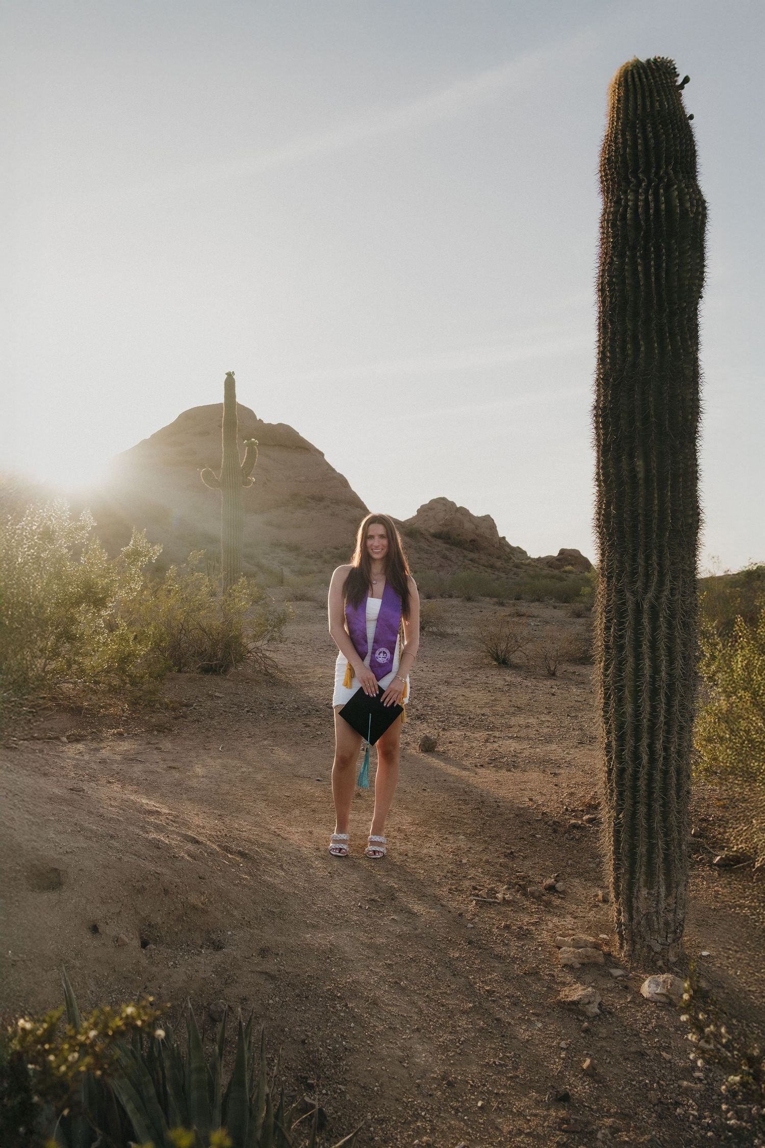 Graduate in purple sash posing beside a tall saguaro cactus in desert landscape near Phoenix, Arizona.
