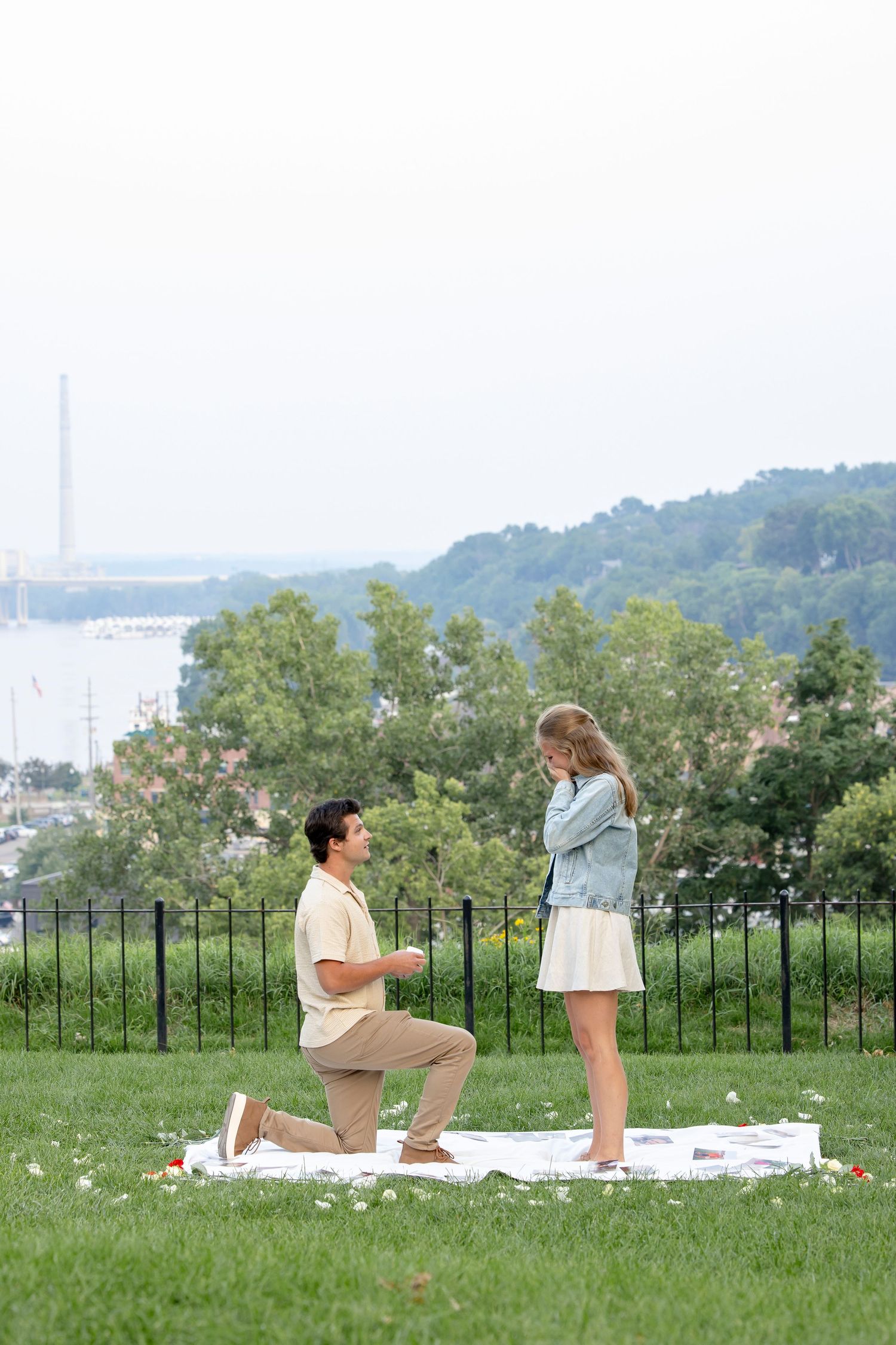 A surprise proposal moment captured on a picnic blanket overlooking a scenic vista.