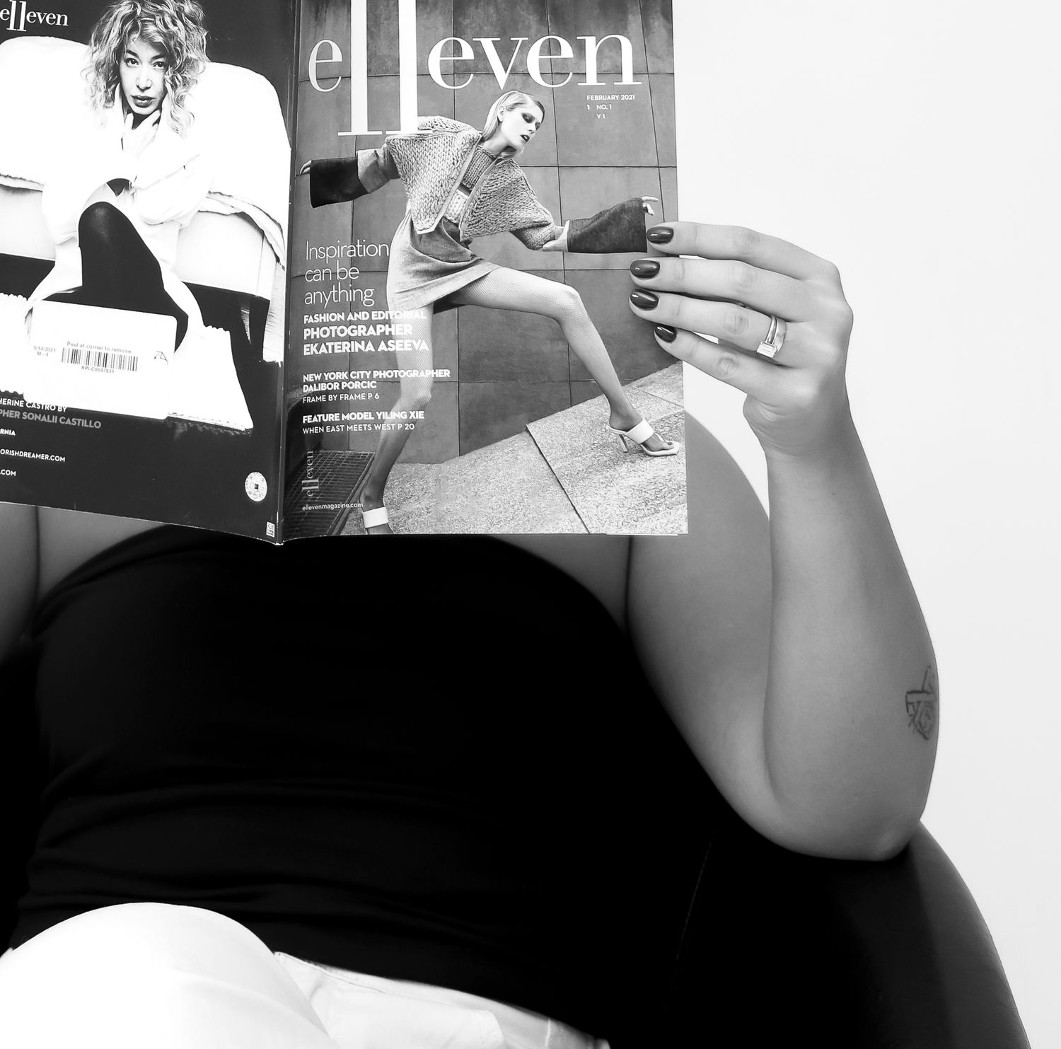 Lifestyle photos of person relaxing while reading fashion magazine.