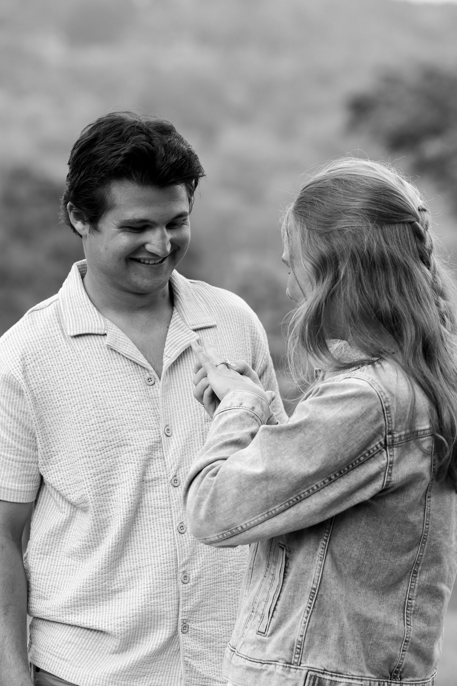 A series of intimate moments captured between a couple in casual attire.