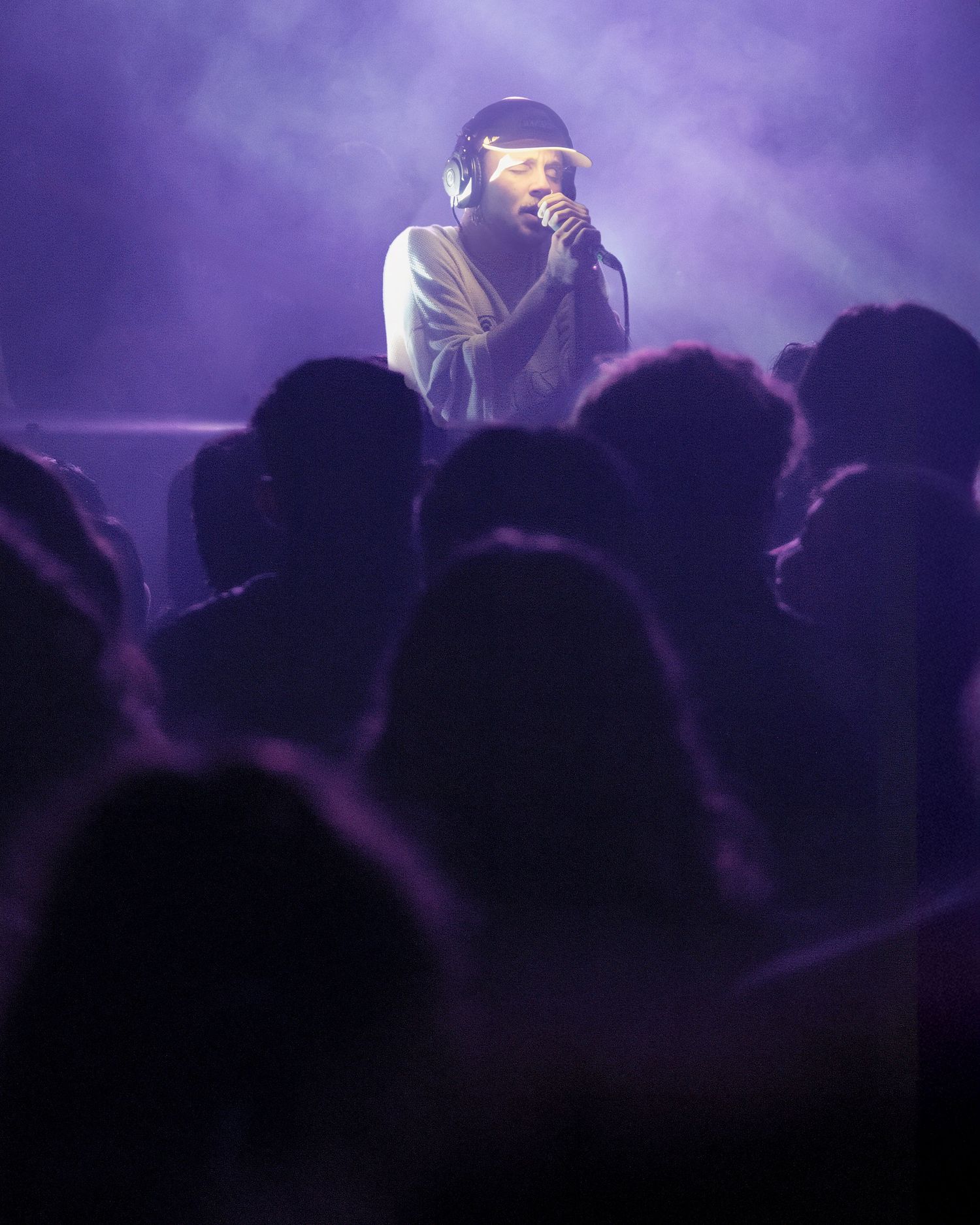 Purple-tinted concert scene with crowd silhouettes and atmospheric lighting.