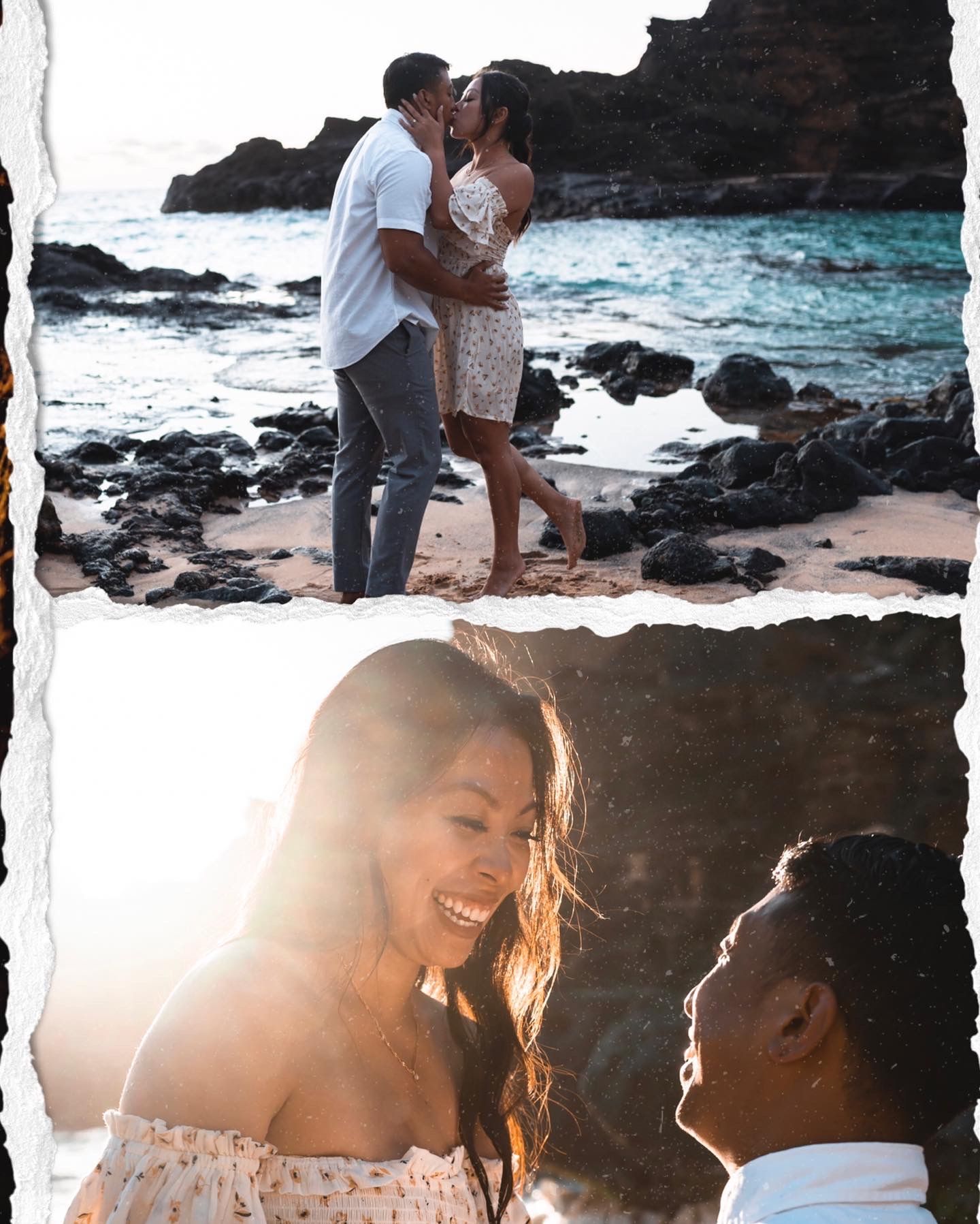 Romantic beach photoshoot with couple against dramatic black lava rocks at sunset.