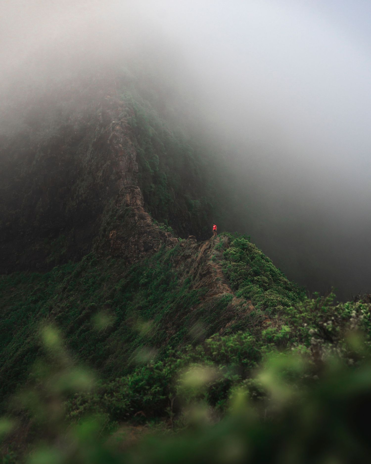 Misty mountain ridge emerges through clouds in a dramatic landscape view.
