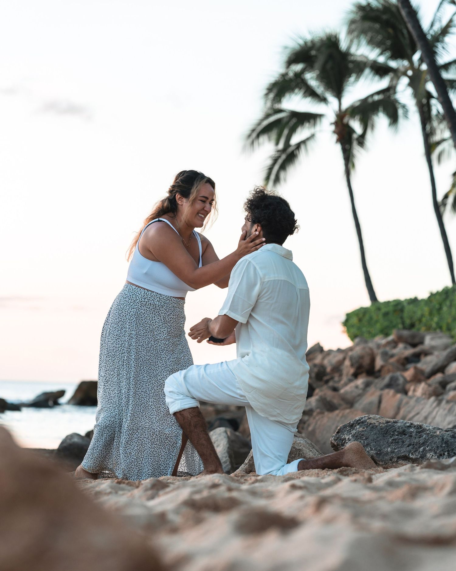 A romantic proposal moment captured on a rocky beach with palm trees at sunset.