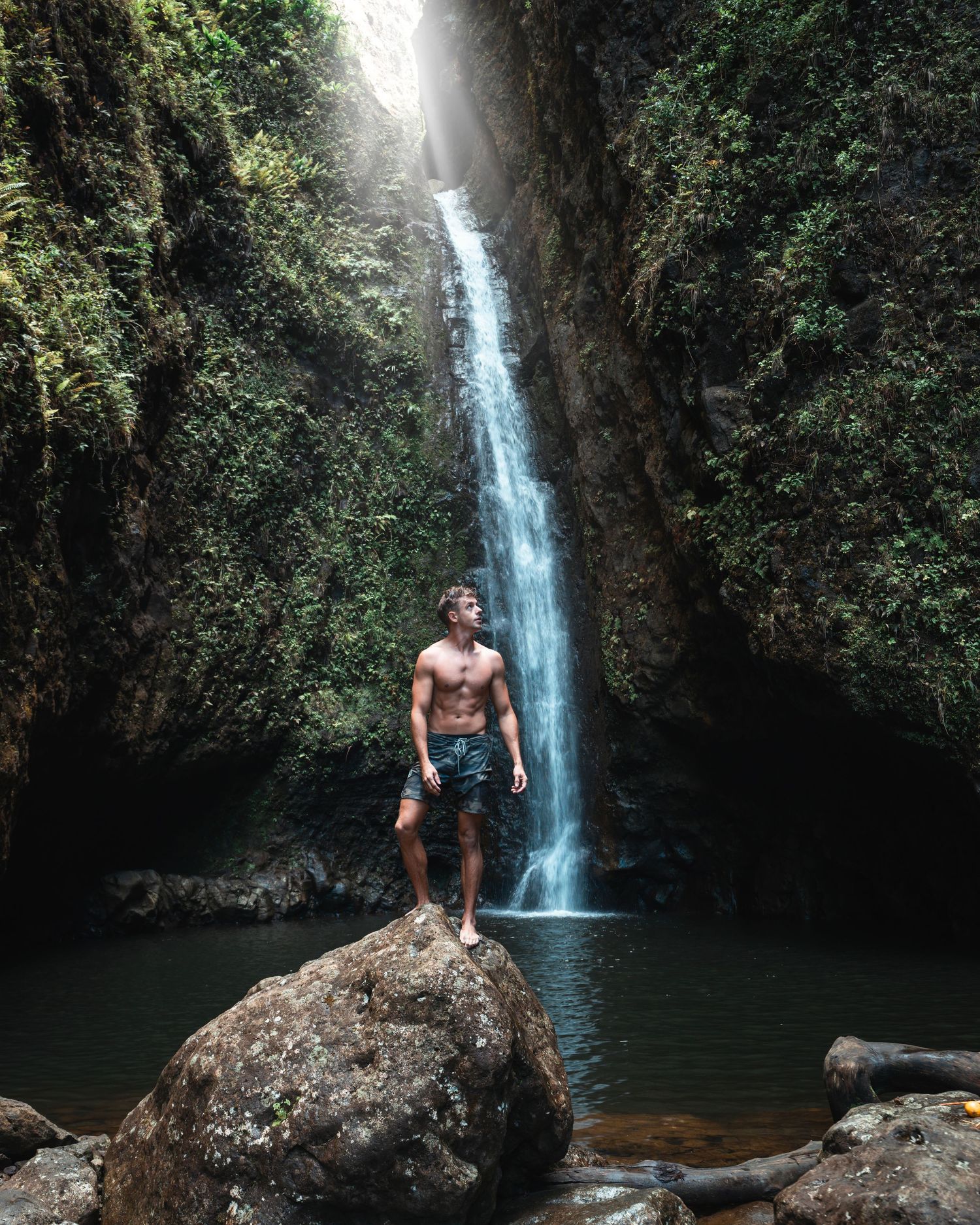 Majestic waterfall cascades into a secluded pool surrounded by lush tropical vegetation.