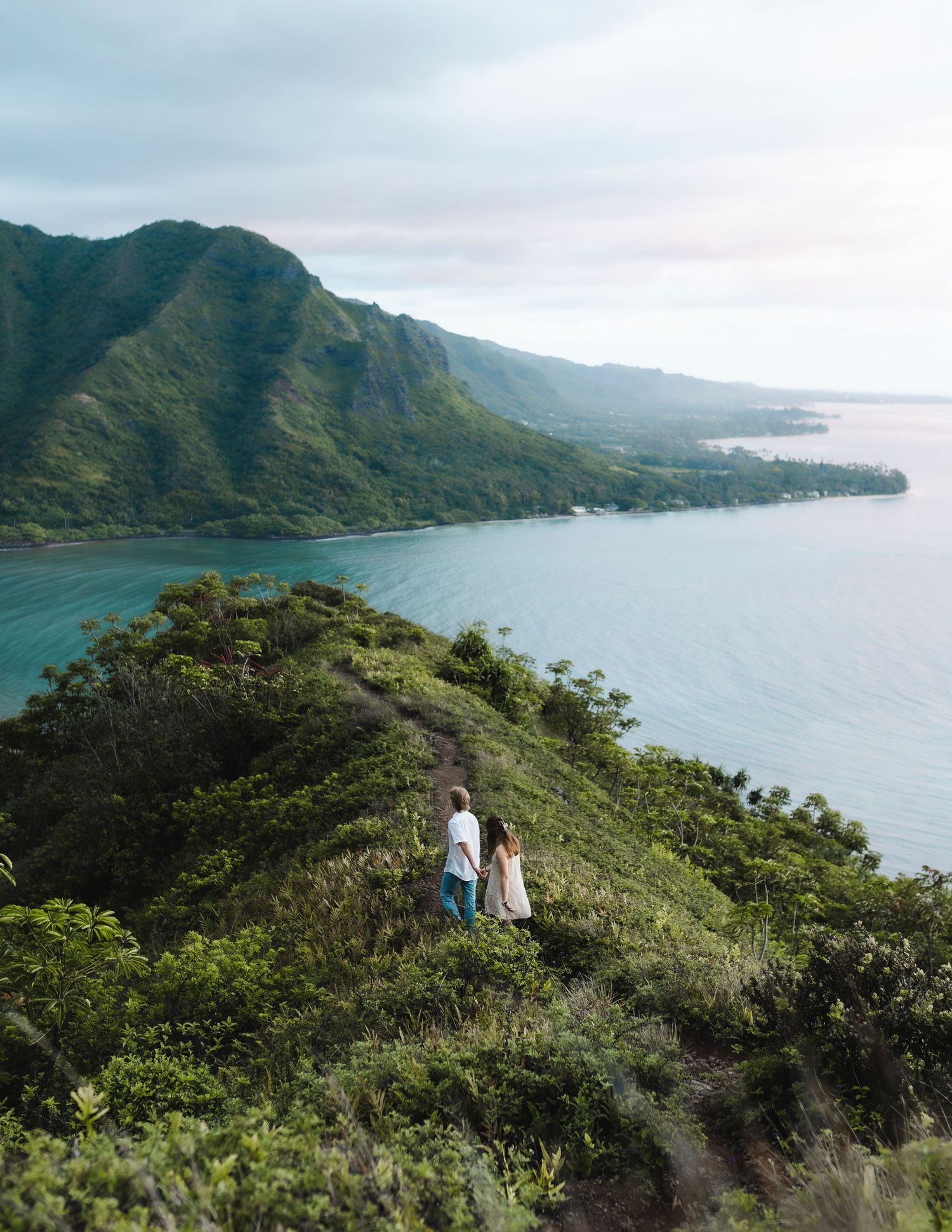 Scenic coastal mountain landscape with lush vegetation and blue ocean waters in Hawaii.