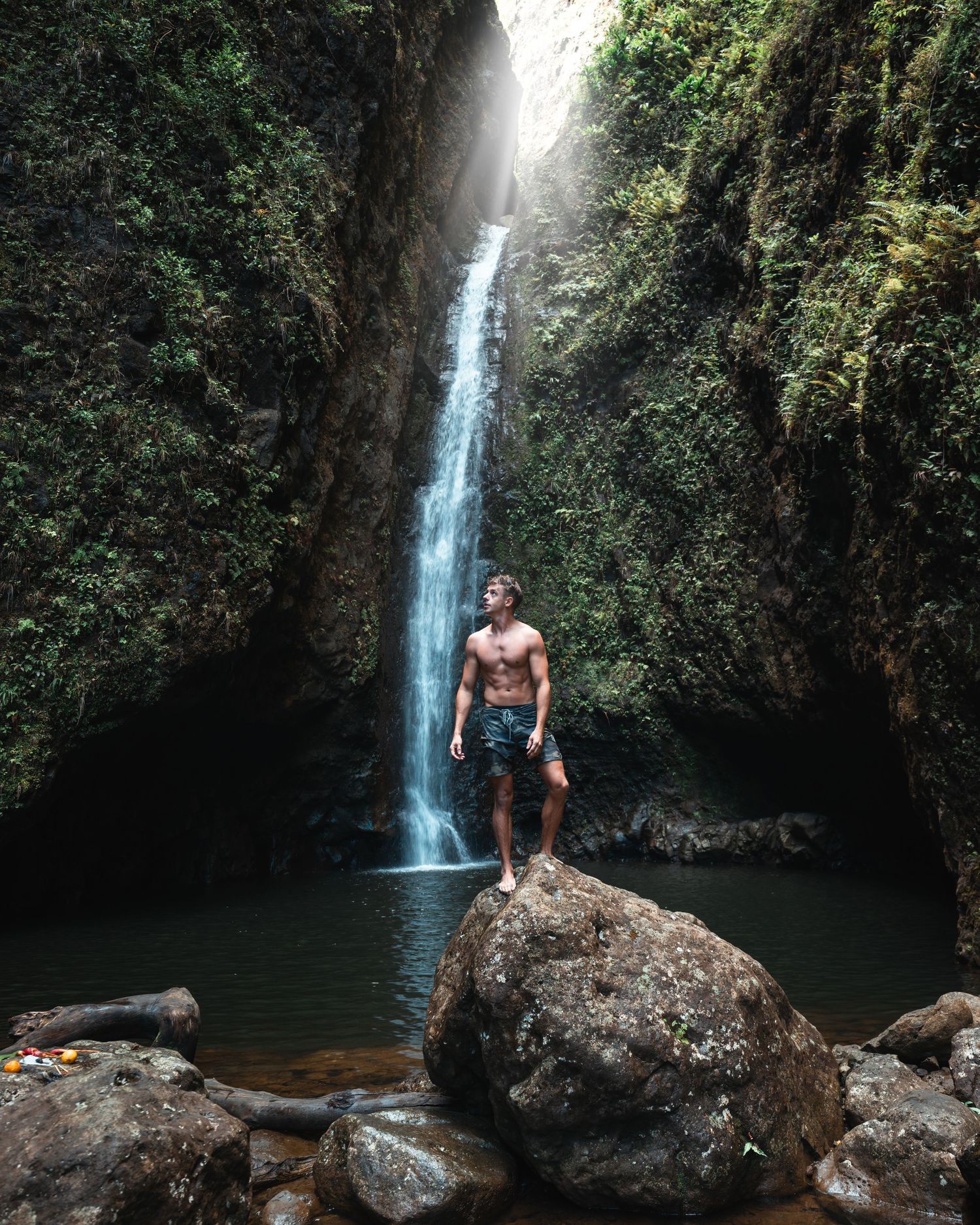 Scenic waterfall cascades down moss-covered rocks into a serene forest pool.
