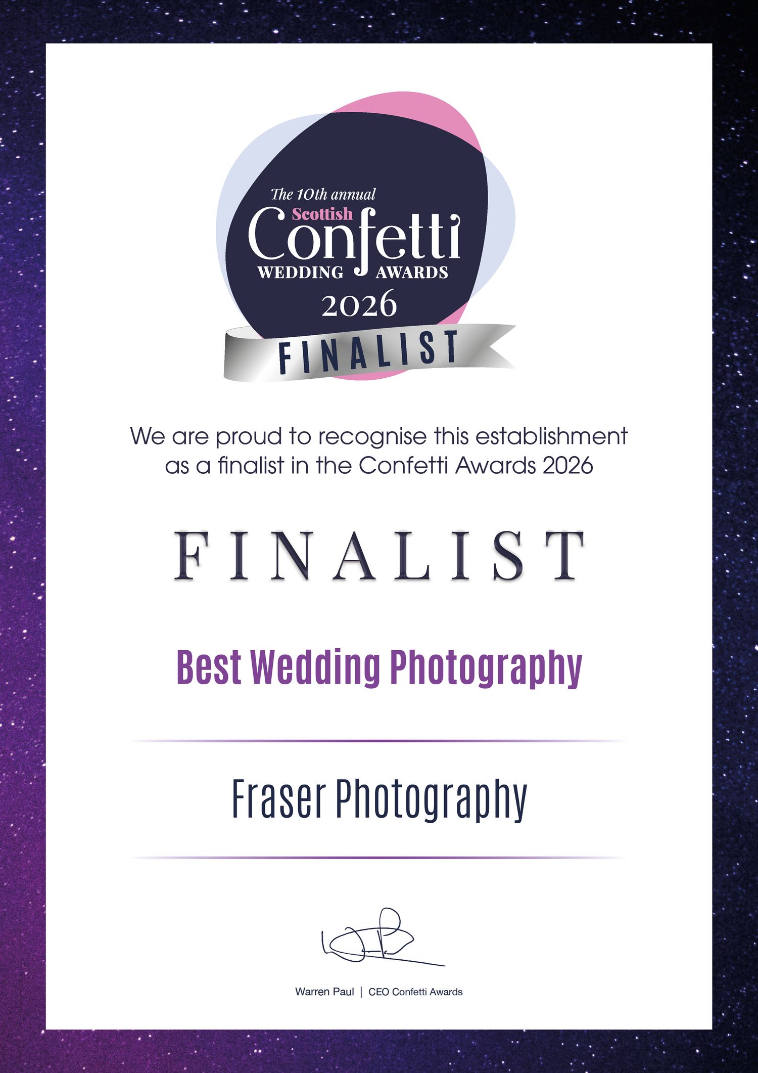 Wedding photography award certificates and finalist recognition documents.