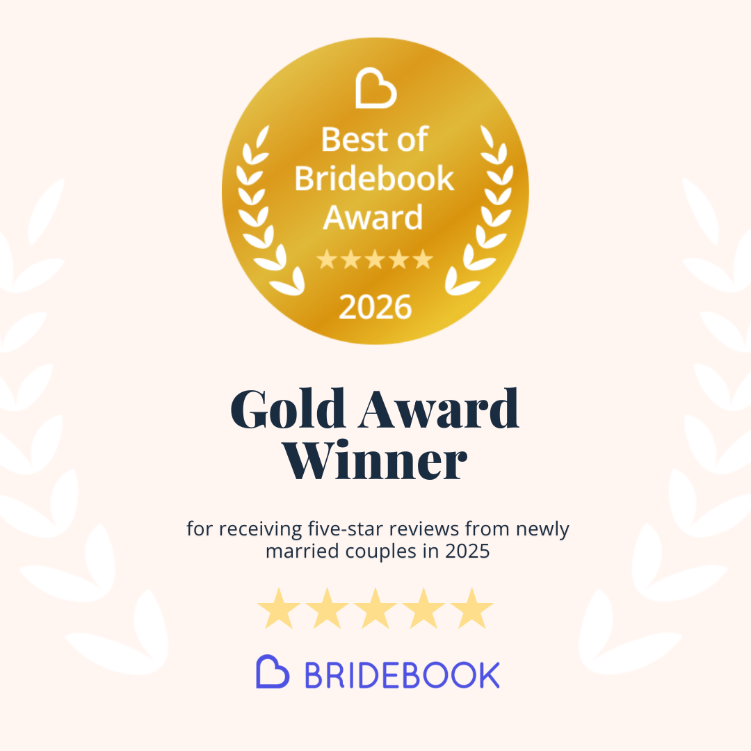 Gold Bridebook award badges with five star ratings and laurel wreath designs.