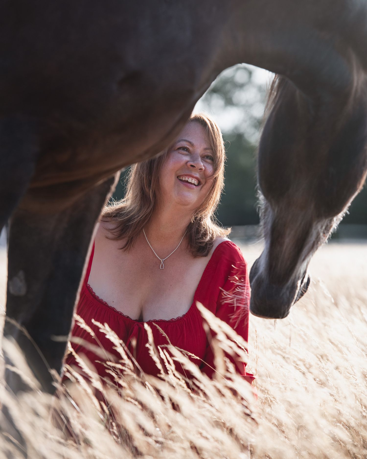 A smiling woman in a red dress sits in golden grass beside a dark horse in a sunlit outdoor setting.