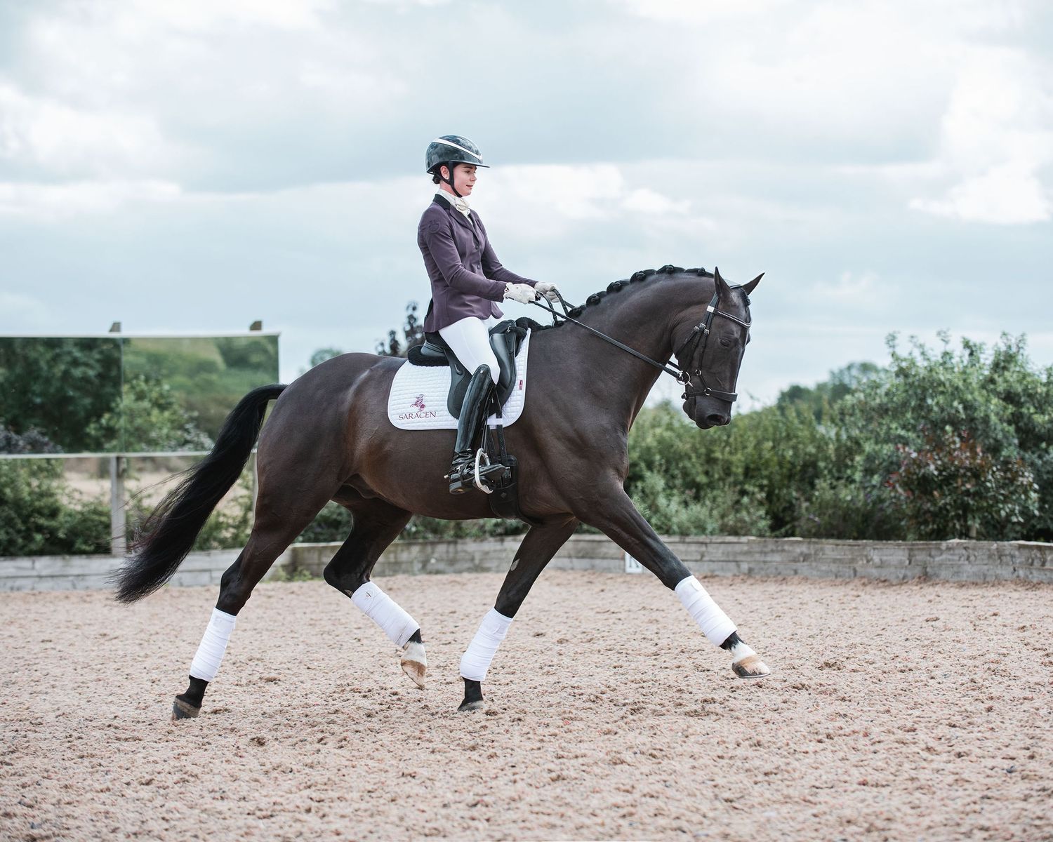 Dressage horse and rider performing movements in an outdoor arena at Gareth Hughes Dressage, extending the trot and canter.