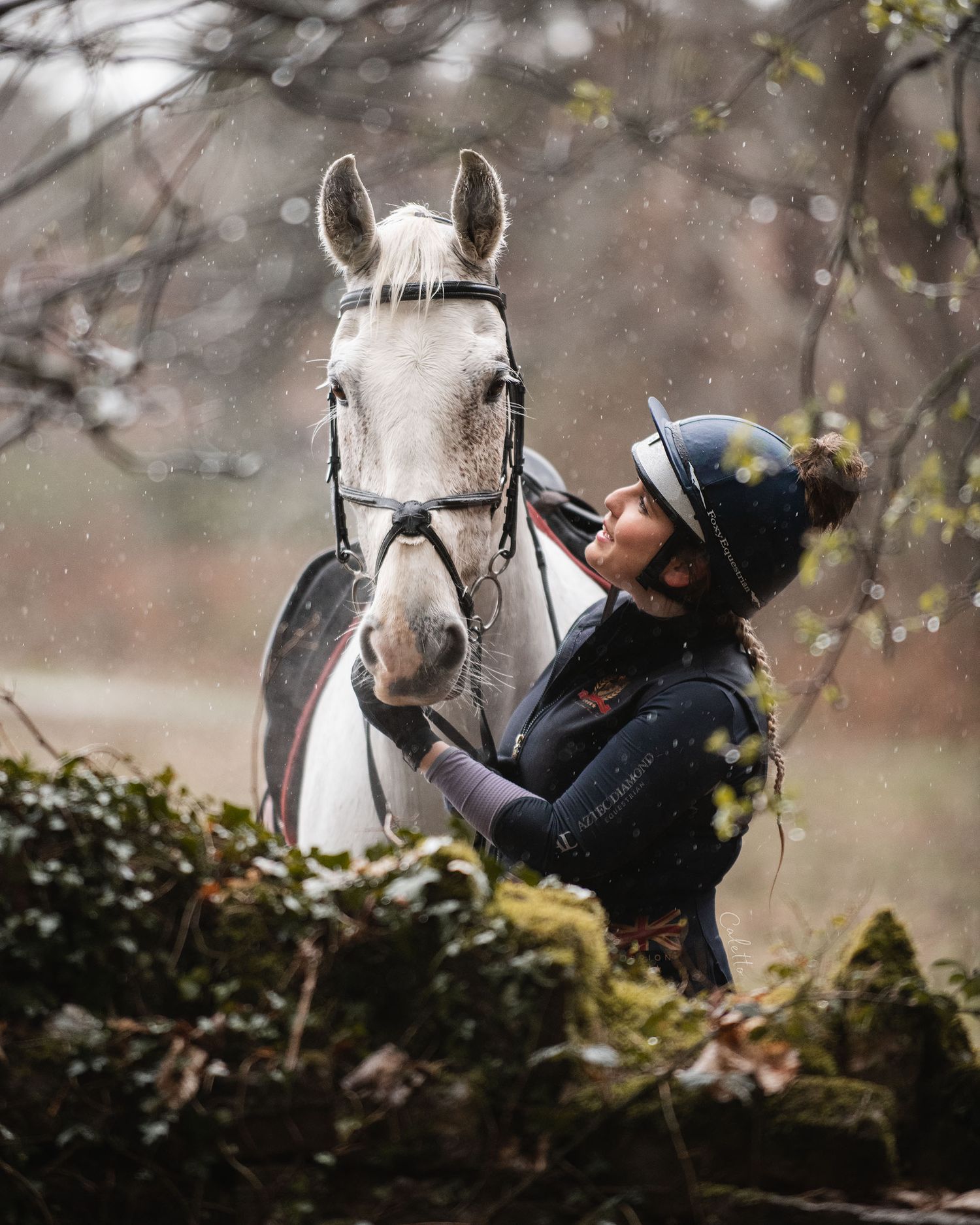 A grey horse and rider share a winter moment among mossy stones and bare branches in the pouring atmospheric rain.
