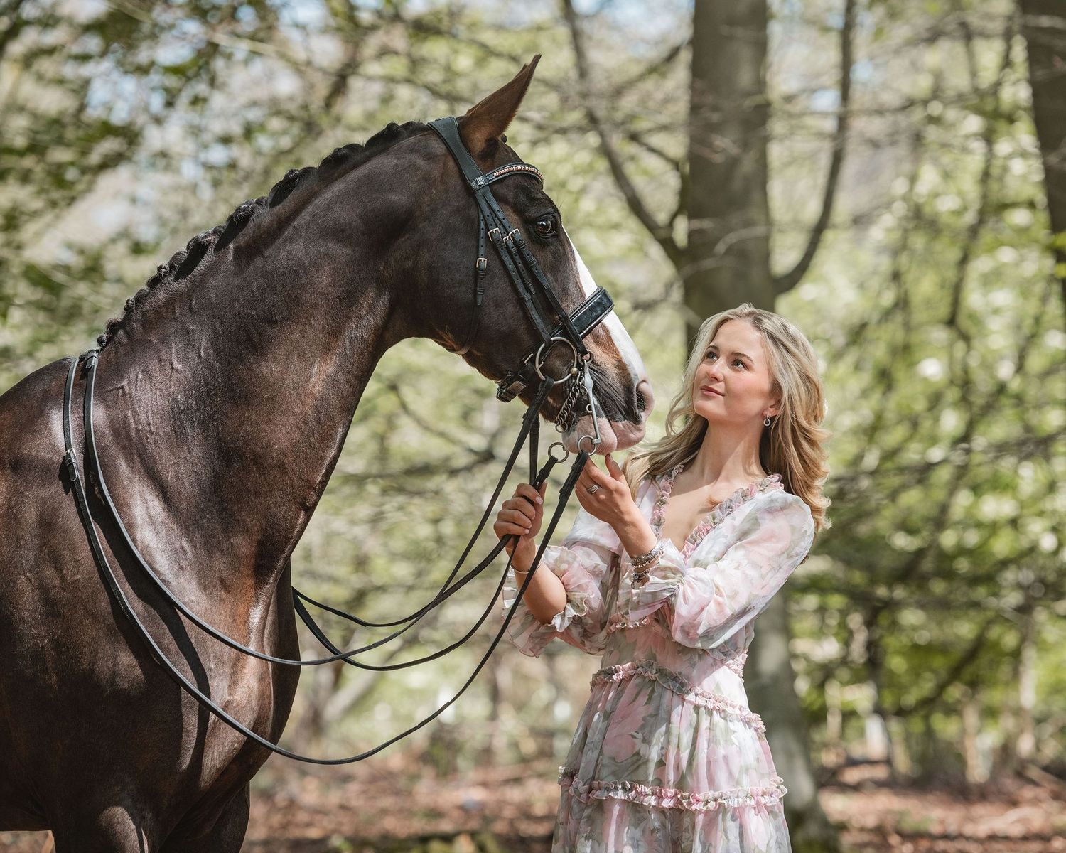 A dressage horse and rider combination from the midlands share a sweet moment in a sunlit forest setting.