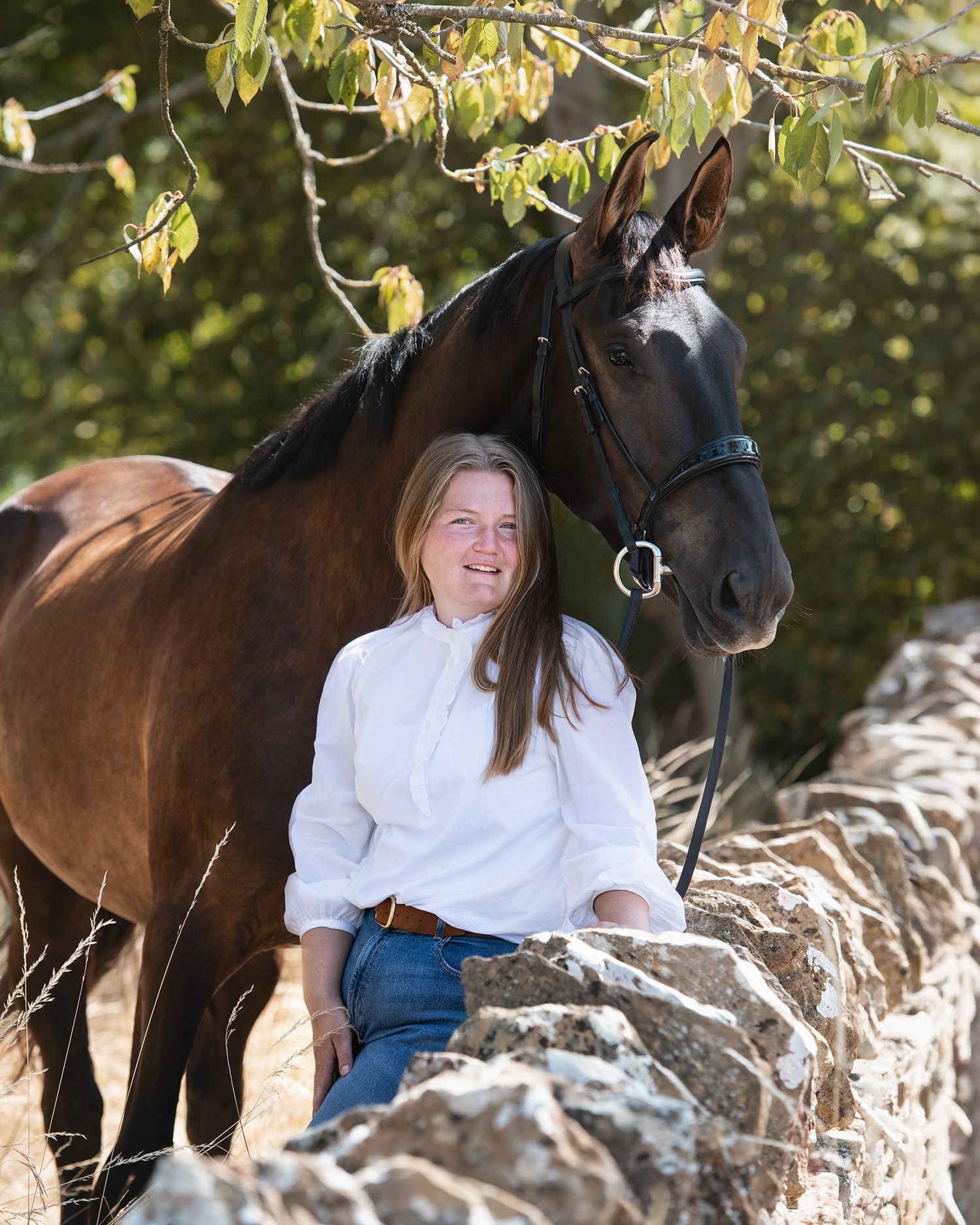 Woman in white shirt sitting on stone wall beside a dark bay horse in a sunny outdoor setting.
