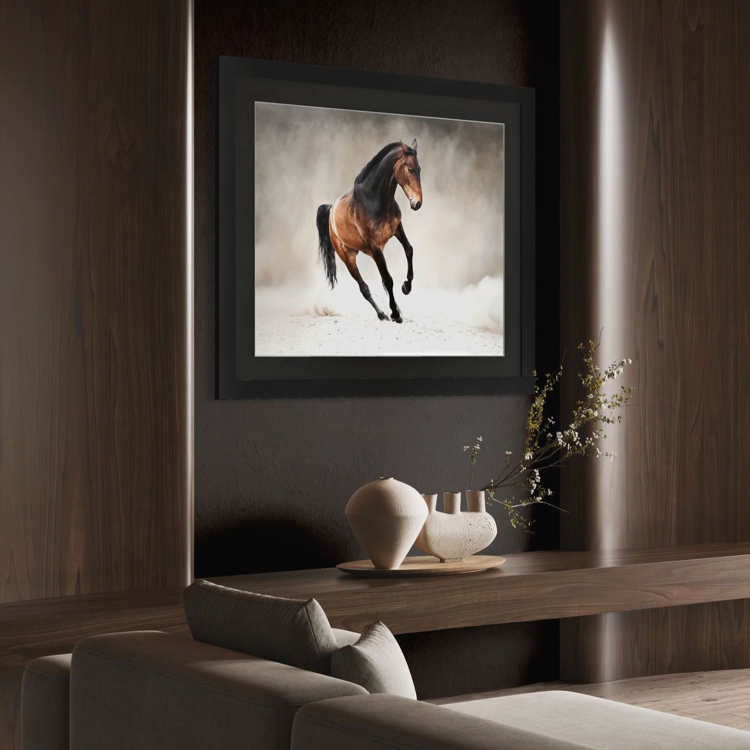Modern interior design with framed horse photography that stands out, with the signature black frame and mount and minimalist decor.