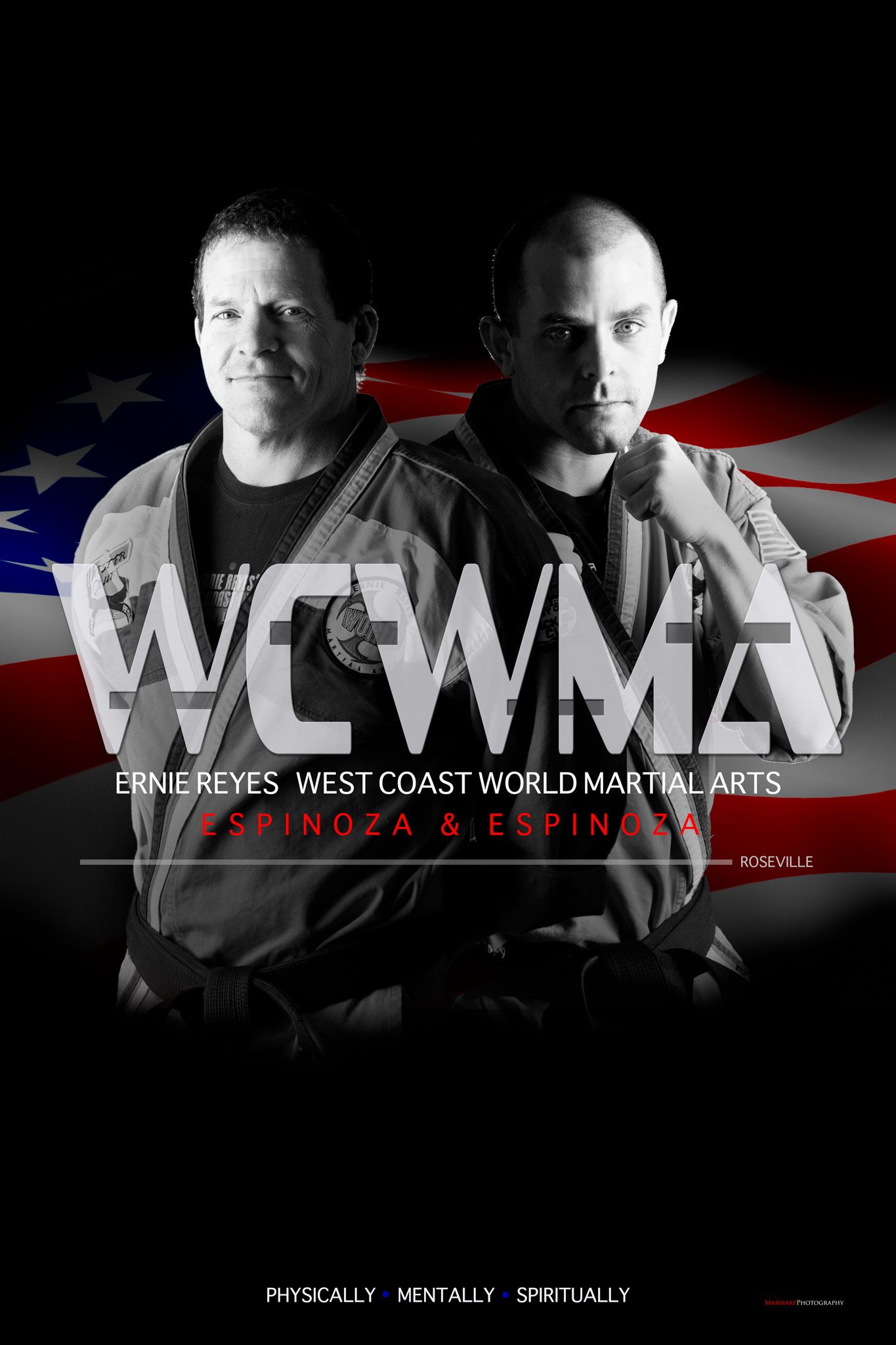 Martial arts promotional poster featuring two instructors against American flag background.