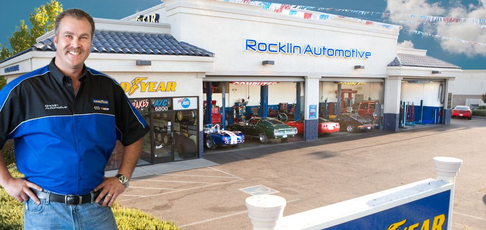 A collage of automotive service center images showing building exteriors, service bays and staff in blue uniforms.