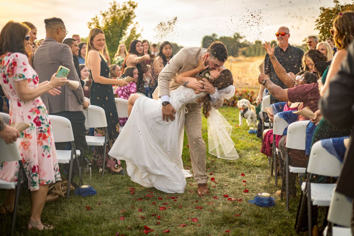 Wedding guests gather outdoors to celebrate during a joyful reception at sunset in a garden setting.