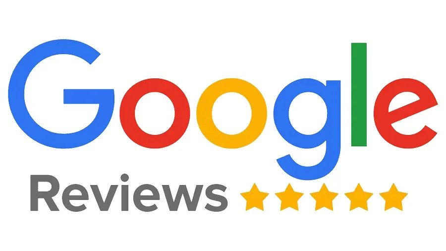 Google Reviews logo in multicolor lettering with five gold star ratings displayed beneath the Google wordmark.