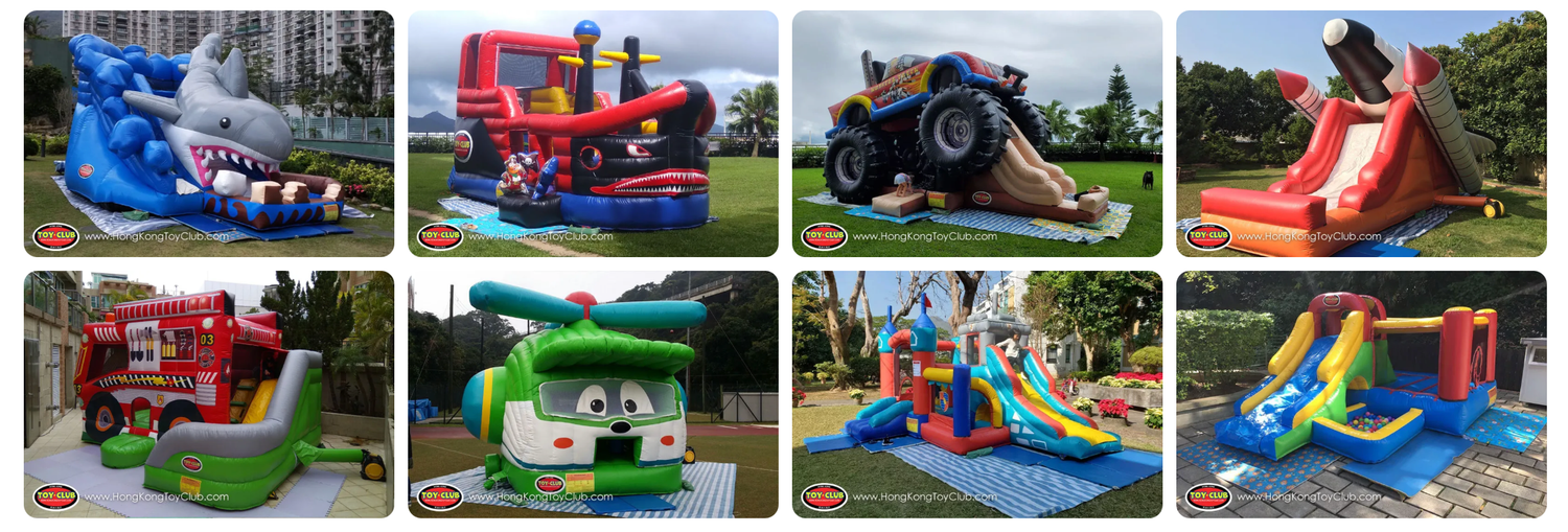 Colorful inflatable water slides and bounce houses set up outdoors for summer entertainment at a family event.色彩繽紛的充氣水滑梯和彈跳床在戶外搭建，為家庭活動提供夏季娛