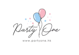 Colorful party decorations and balloon designs with a website URL displayed at partyonehkpartyonehk 上展示了色彩繽紛的派對裝飾和氣球設計，並附有網站 URL。