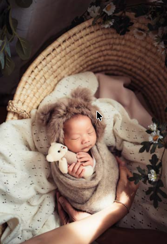 A sleeping newborn wrapped in soft beige fabric lies peacefully in a woven basket surrounded by delicate floral accents一個裹著柔軟米色布料的熟睡新生兒靜靜地躺在