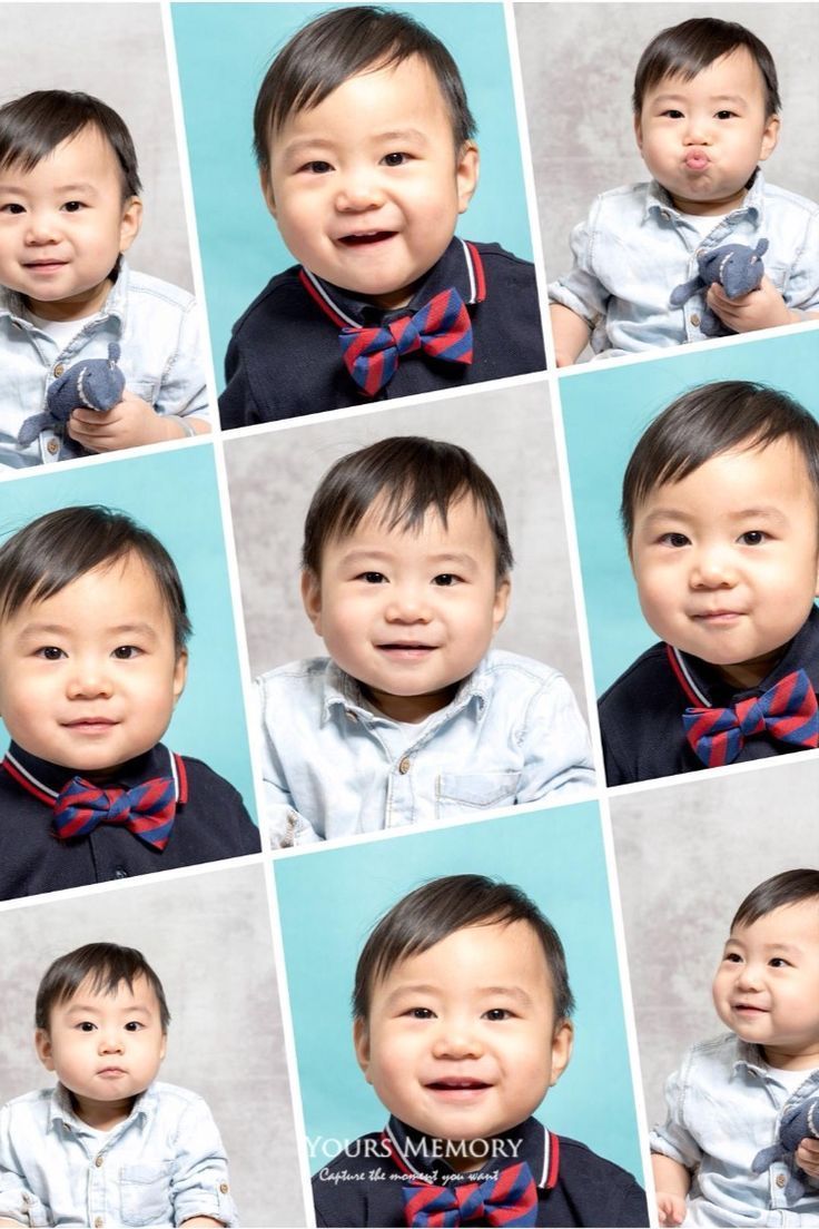 Collage of adorable baby boy in navy blazer and red striped bow tie, showing various cute expressions against teal backdrop.