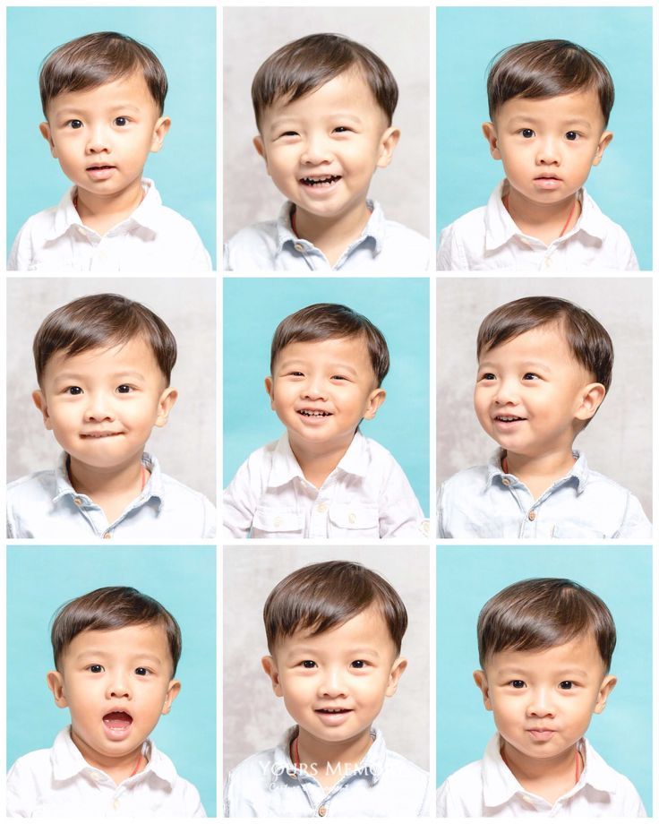 A collage of nine passport-style photos of a young Asian boy in a white shirt showing various expressions on a blue background.