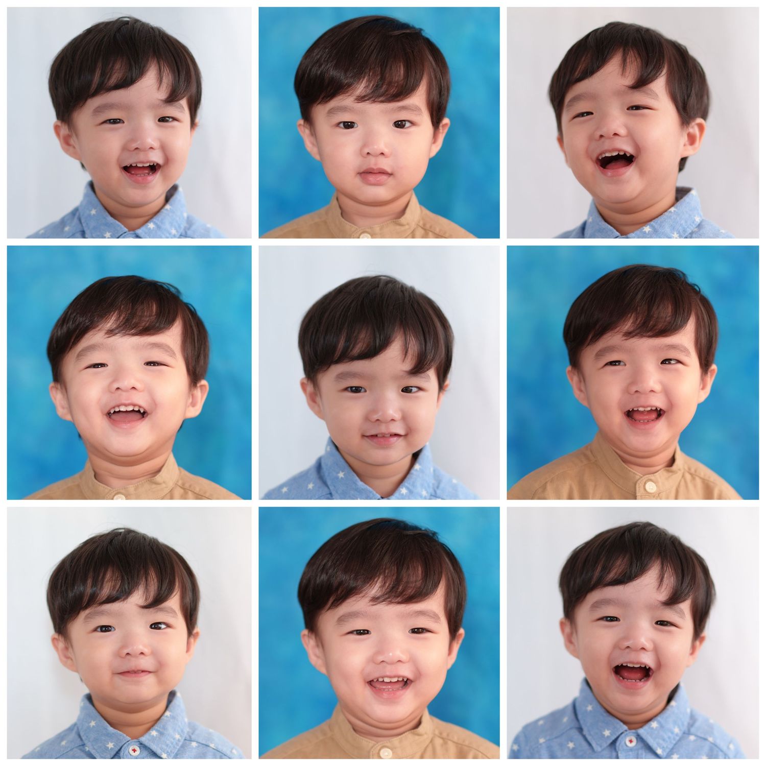 Collage of nine portrait photos of a smiling young Asian boy with short dark hair on blue and white backgrounds.