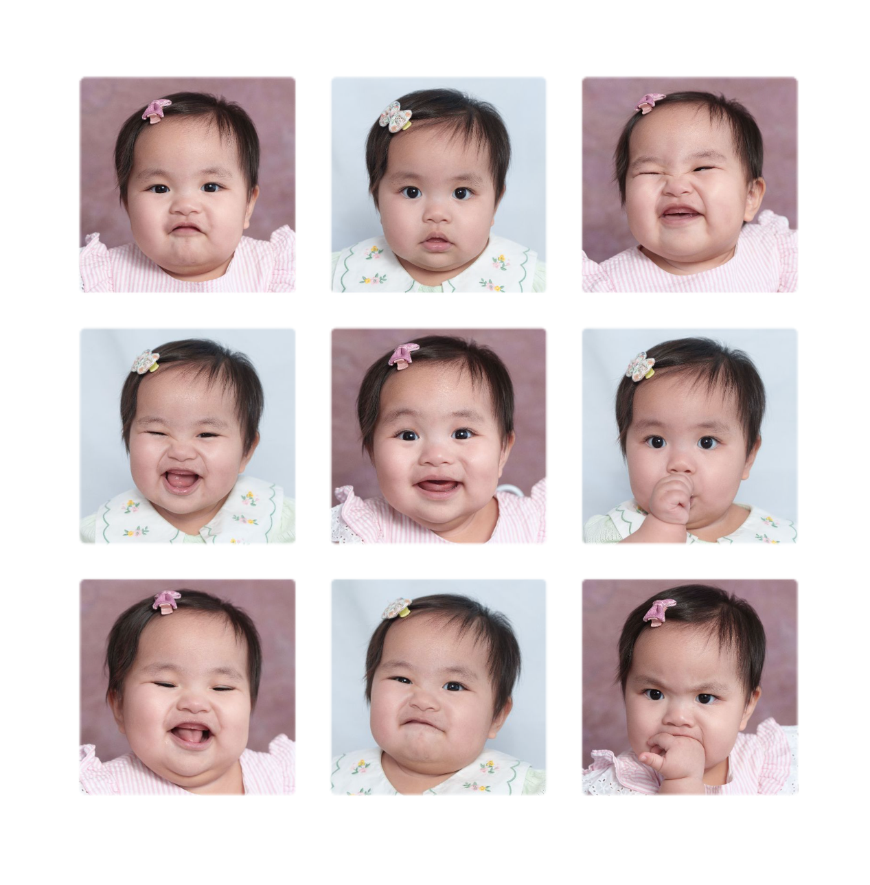 A collage of nine portrait photos of a smiling Asian baby girl with a pink hair clip, showing various happy expressions.