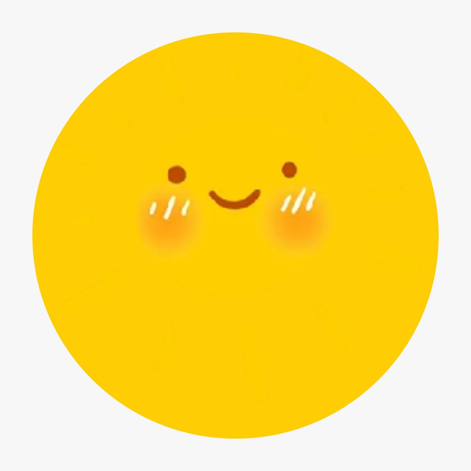 Cute kawaii yellow sun emoji with rosy cheeks, happy smile, and sparkling eyes on white background.