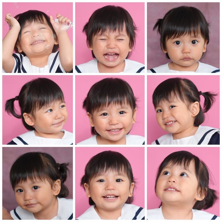 A collage of nine portraits of a young Asian toddler girl showing various facial expressions on a pink background.